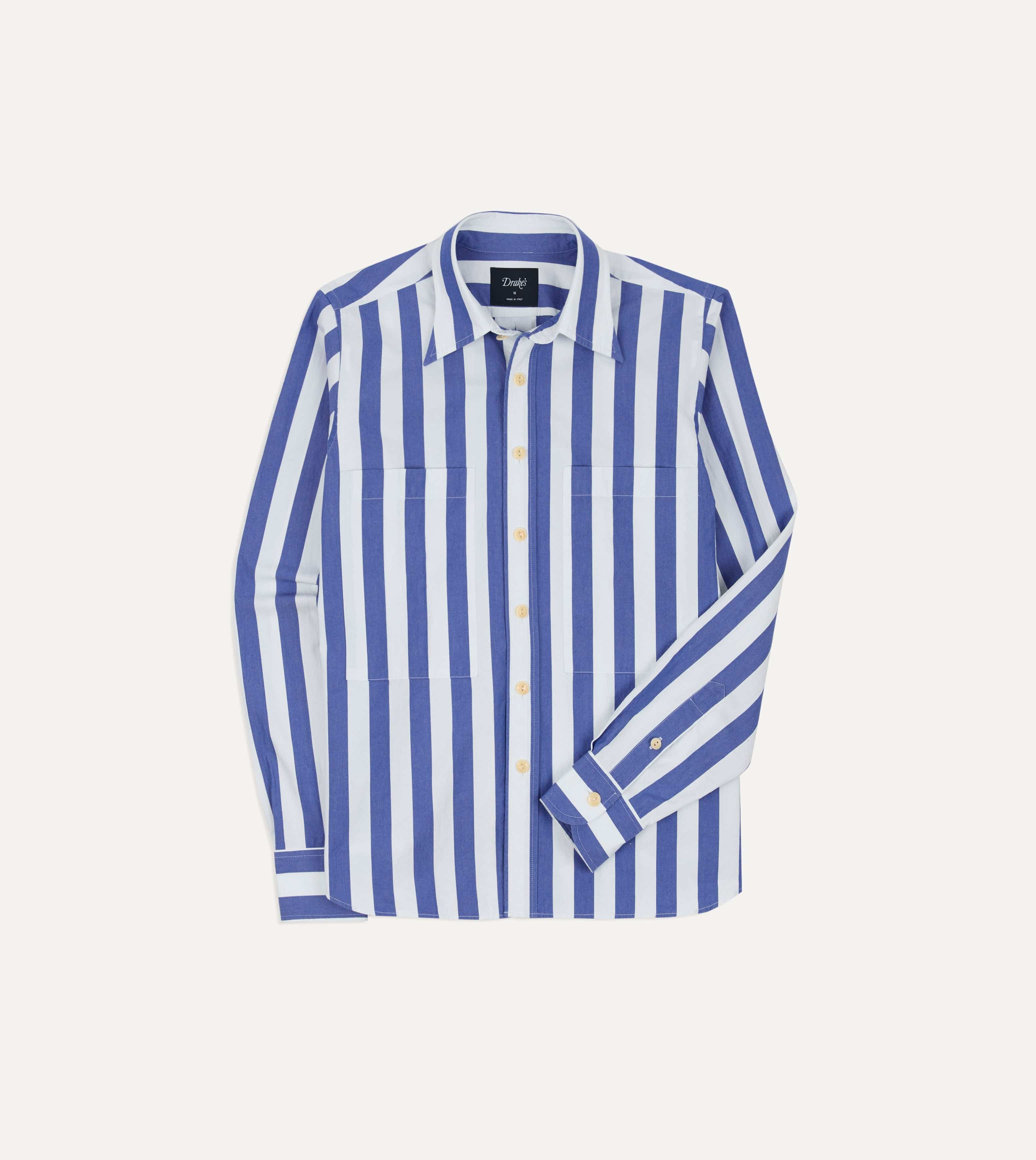 Blue and White Awning Stripe Cotton Long Point Collar Shirt - Image 3