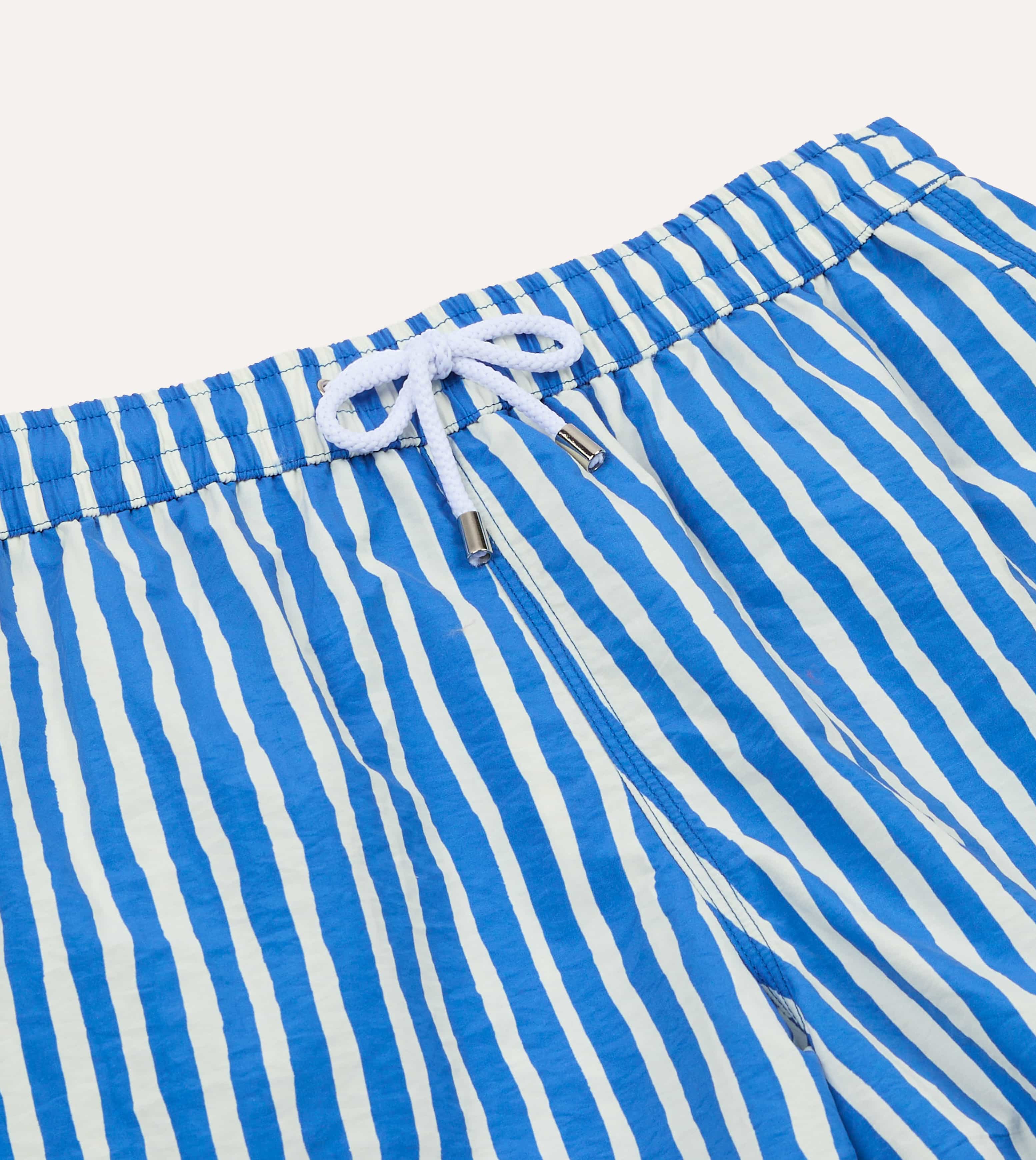 Blue Stripe Print Nylon Drawstring Swim Shorts - Image 4