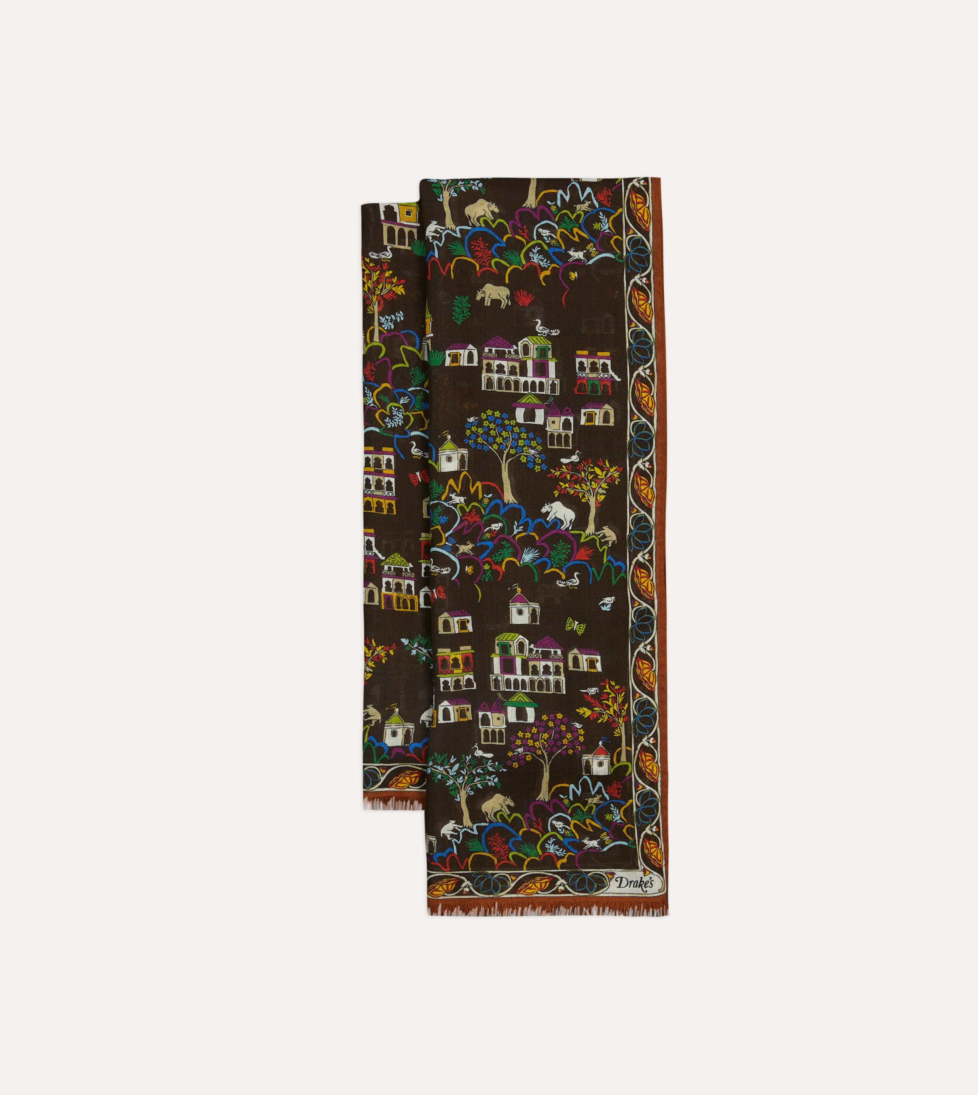 Brown Antique Village Print Wool Silk Scarf