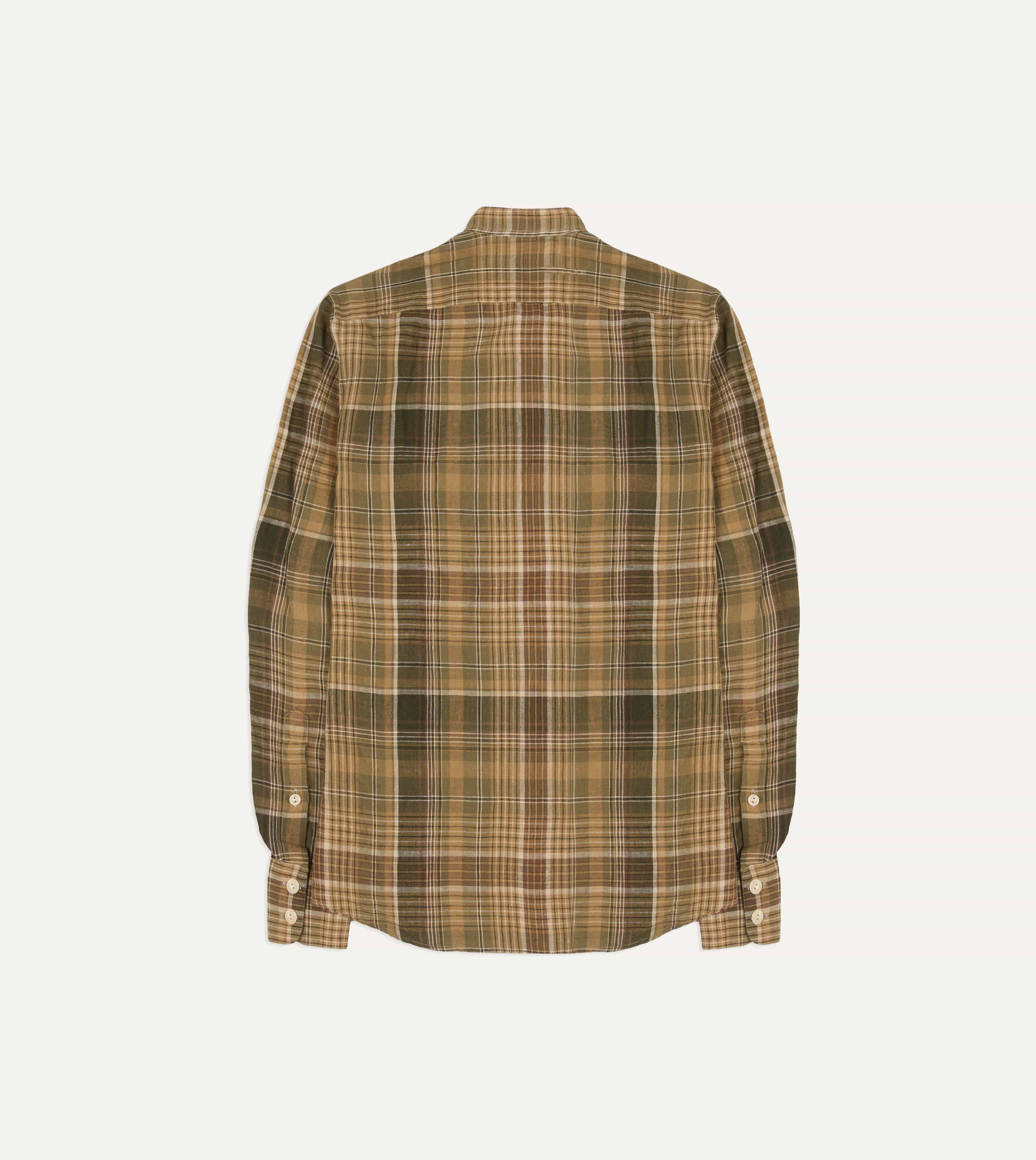 Brown Check Linen Mandarin Collar Popover Shirt - Image 6