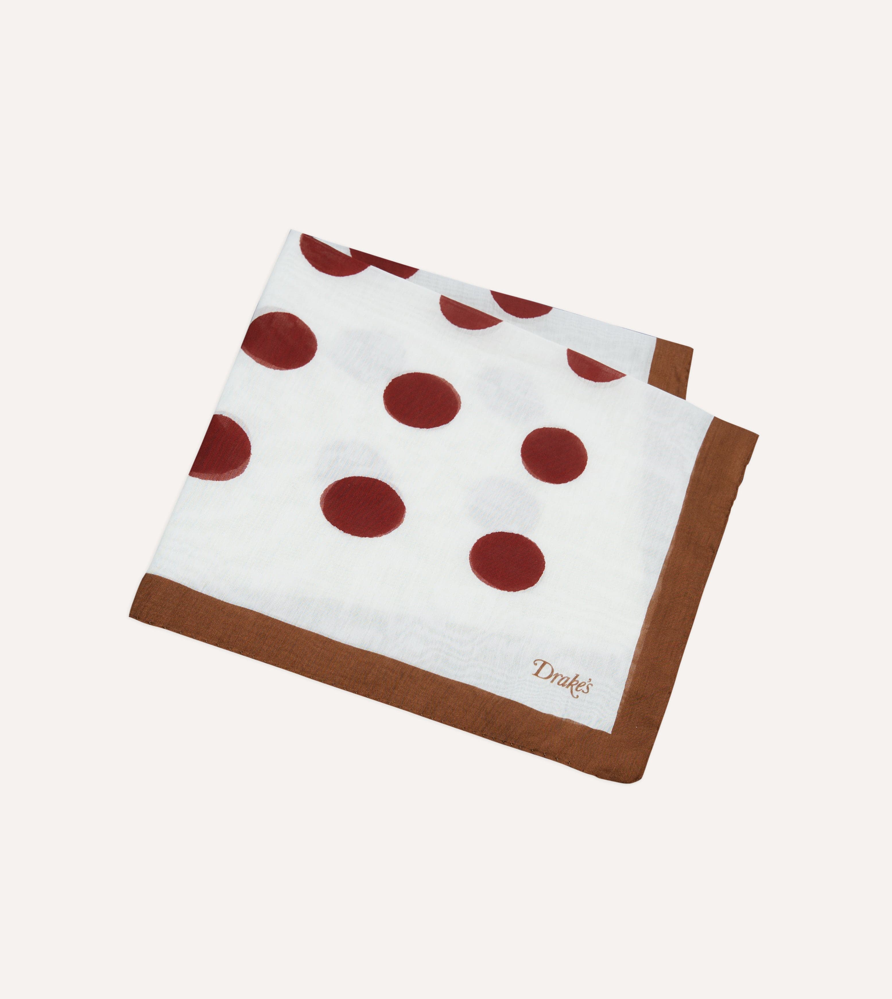 Brown, Ecru and Red Large Spots Print Cotton-Silk Pocket Square - Image 4