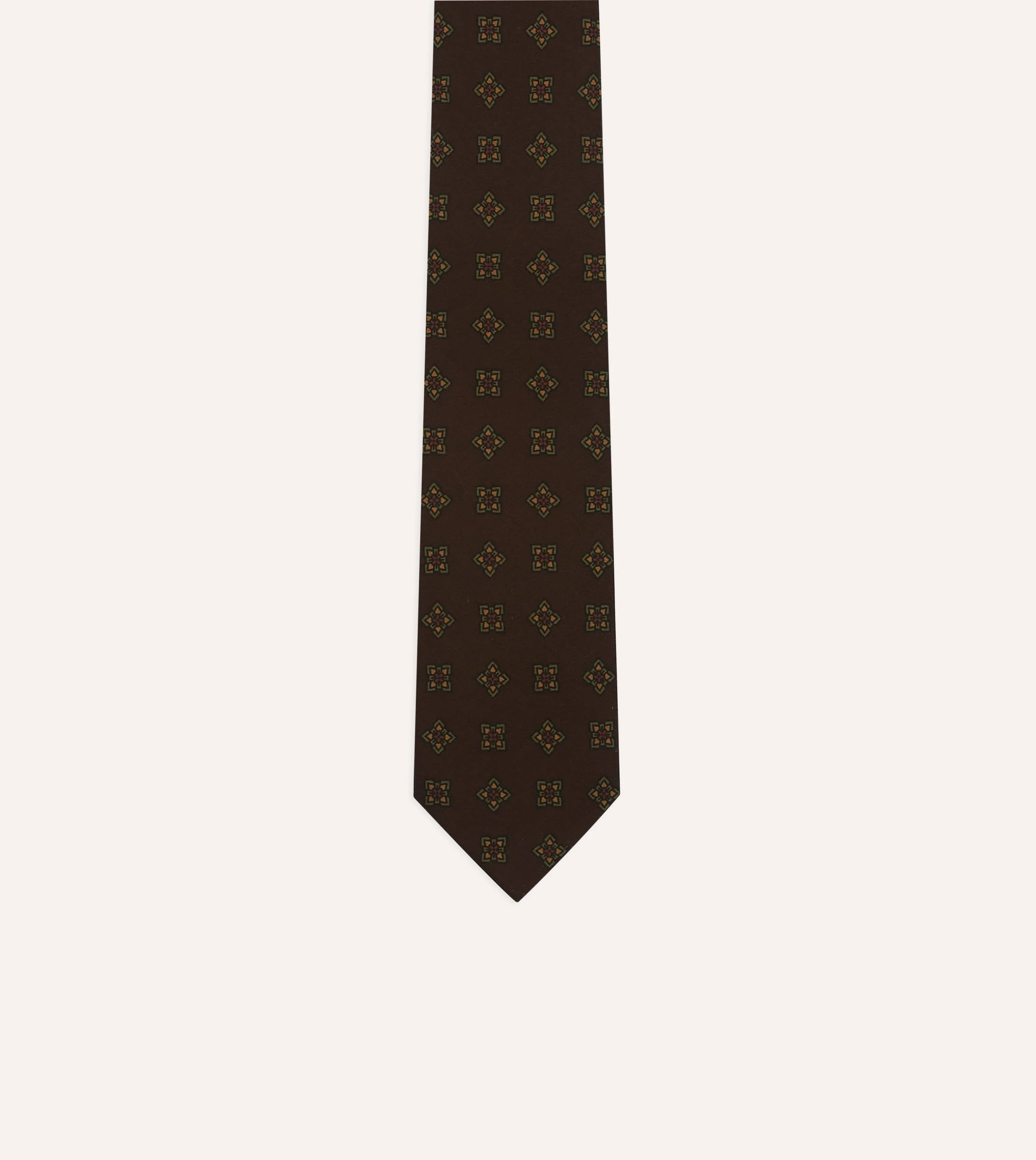 Brown Flower Medallion Print Wool-Silk Self Tipped Tie - Image 3