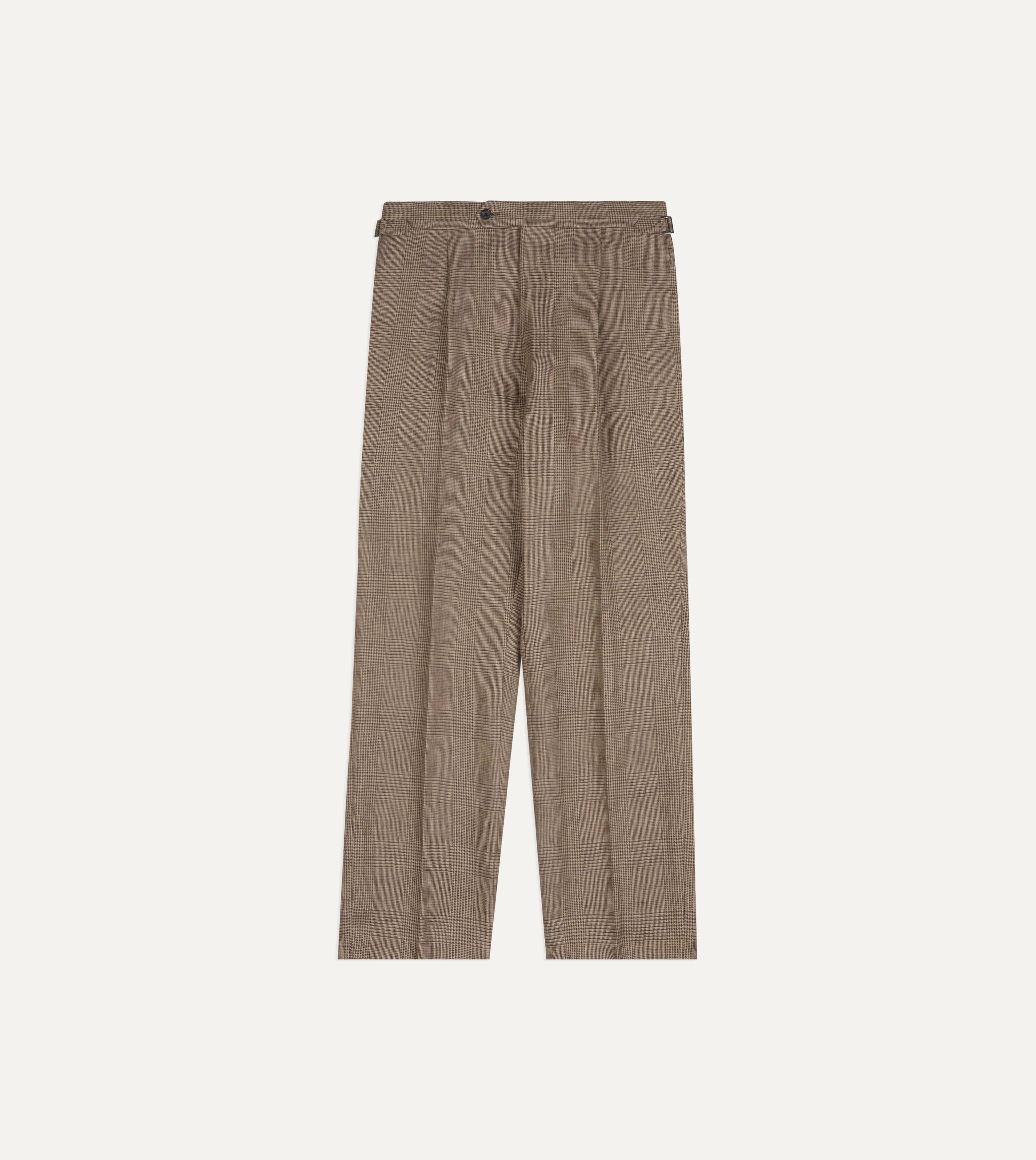 Brown Prince of Wales Check Linen Single Pleat Trouser - Image 3