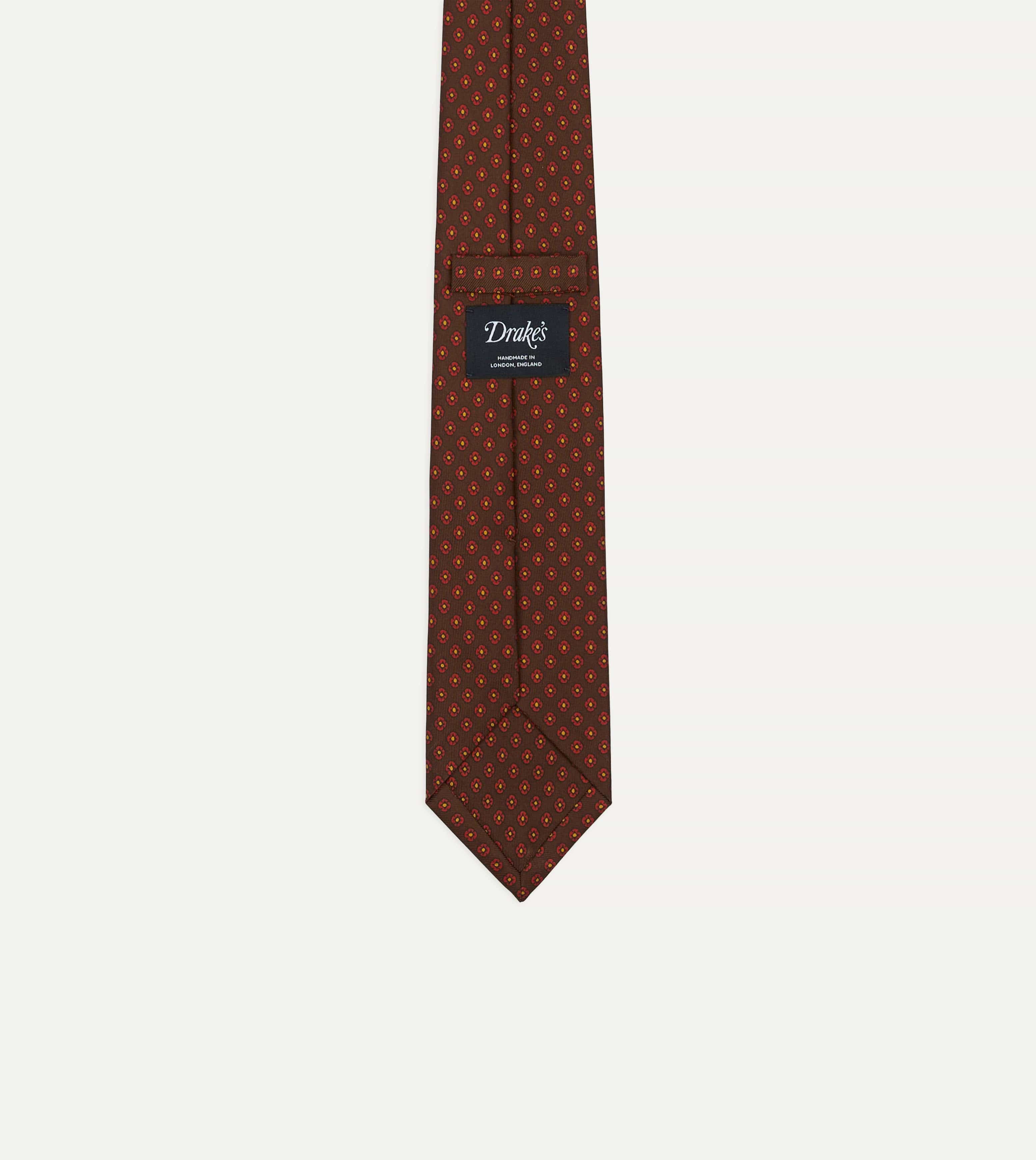 Brown Square Flower Print Silk Self-Tipped Tie - Image 4