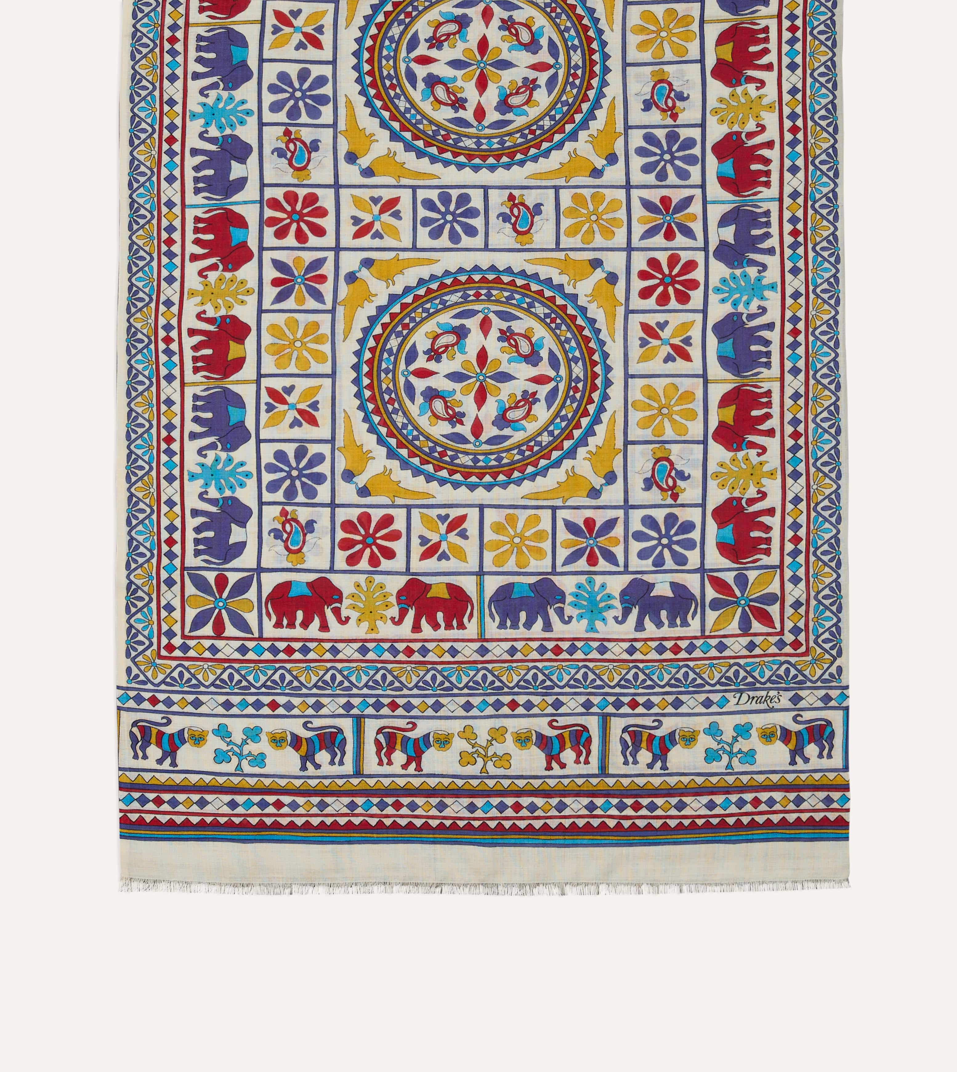 Ecru Elephants and Flowers Print Wool-Silk Scarf - Image 4
