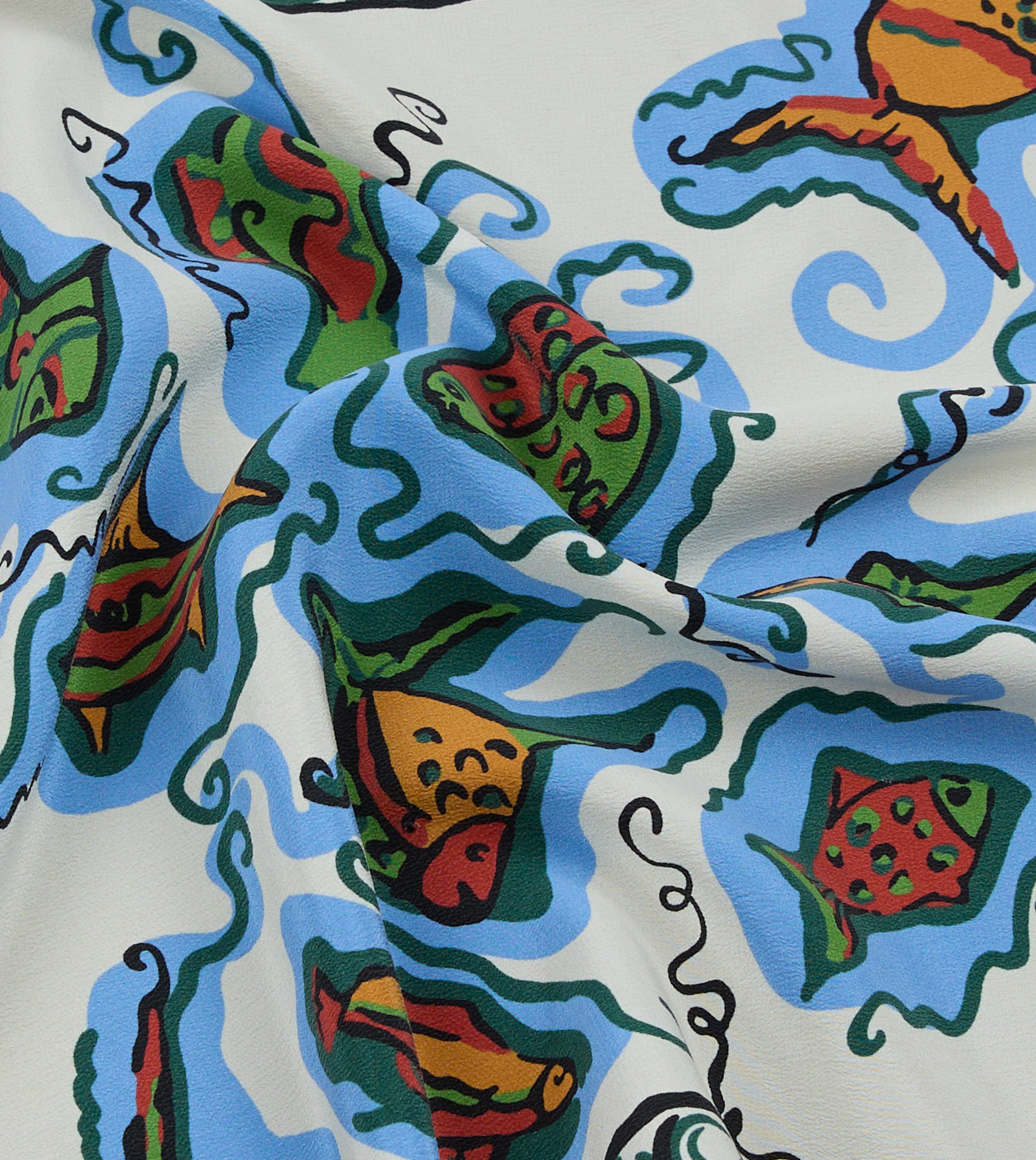 Ecru Fish Print Silk Pocket Square - Image 3