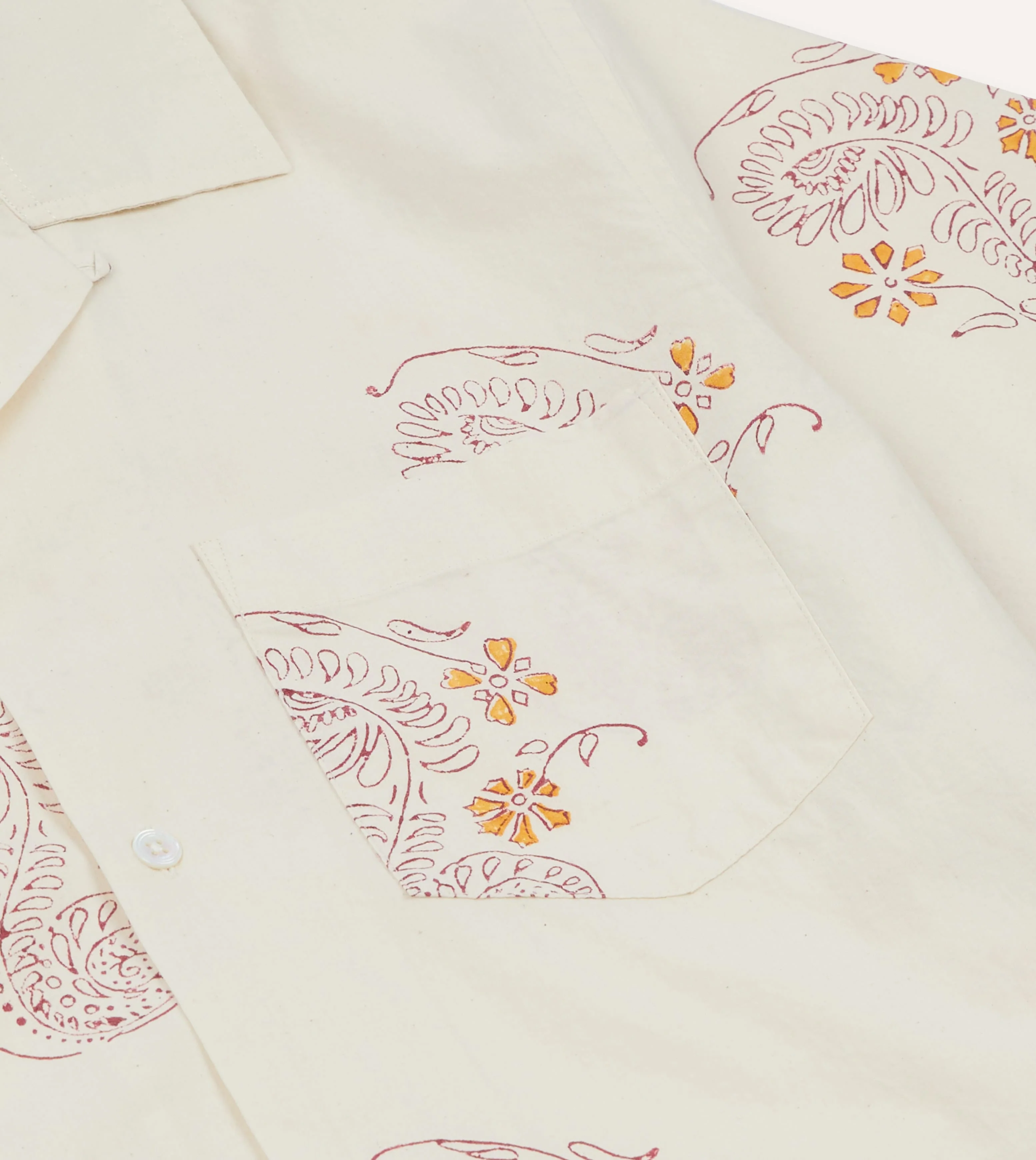 Ecru Floral Block Print Cotton Camp Collar Short Sleeve Shirt - Image 4