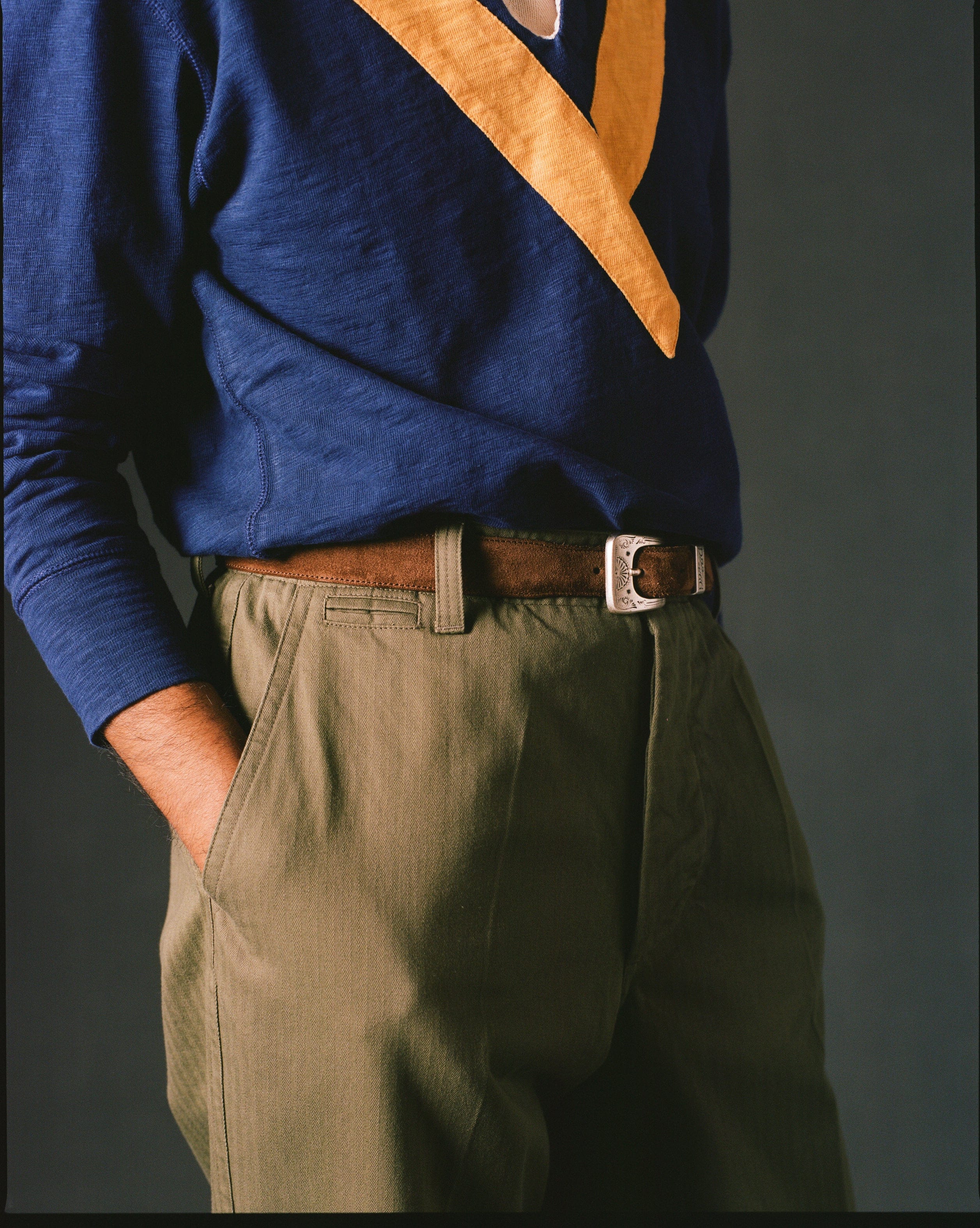 Green Herringbone Cotton Wide Leg Flat Front Chino - Image 8