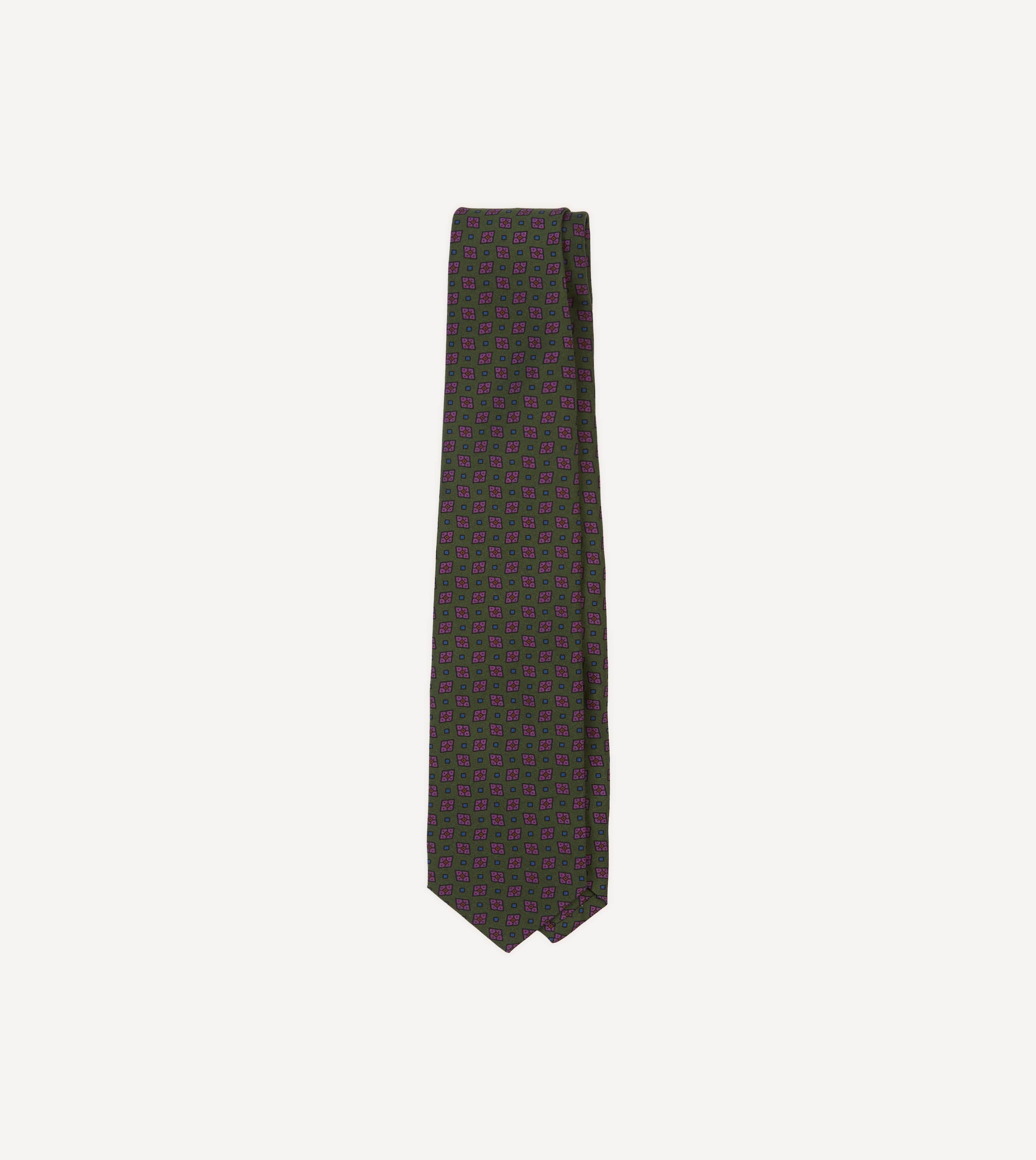 Green Medallion Print Silk Twill Self Tipped Tie