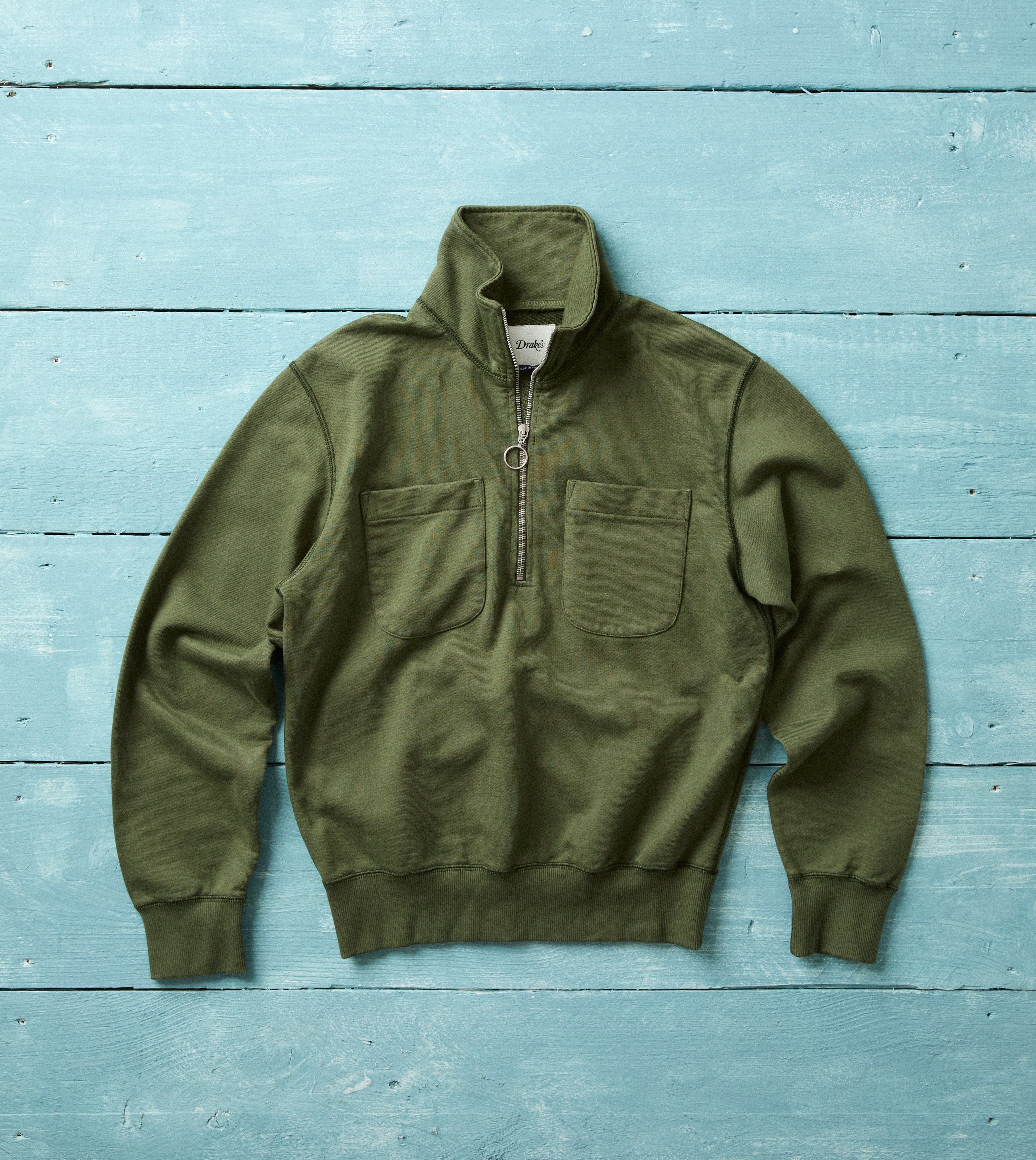 Khaki Green Cotton Quarter Zip Collared Sweatshirt - Image 2