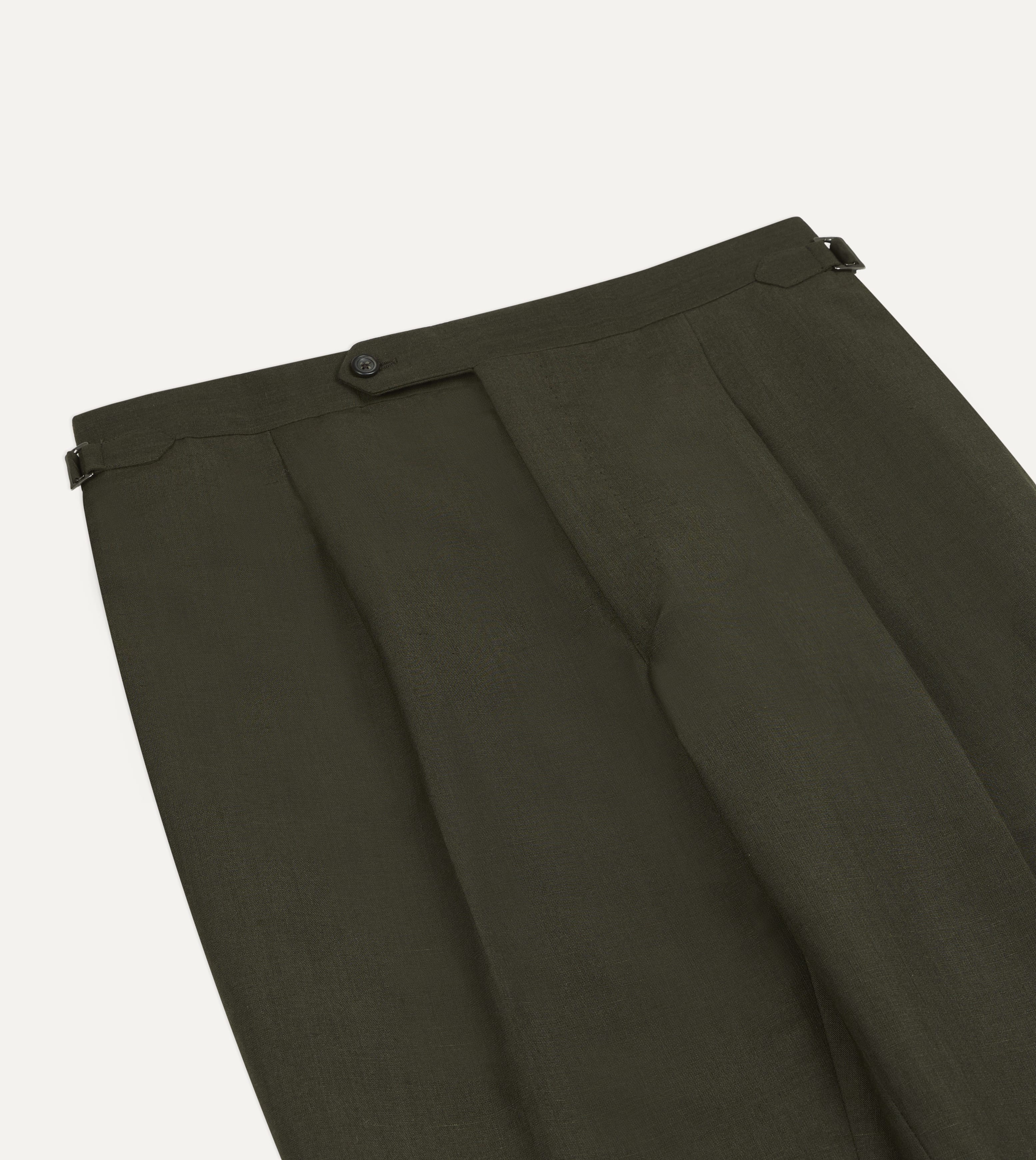 Khaki Green Linen-Wool Single Pleat Trouser - Image 4