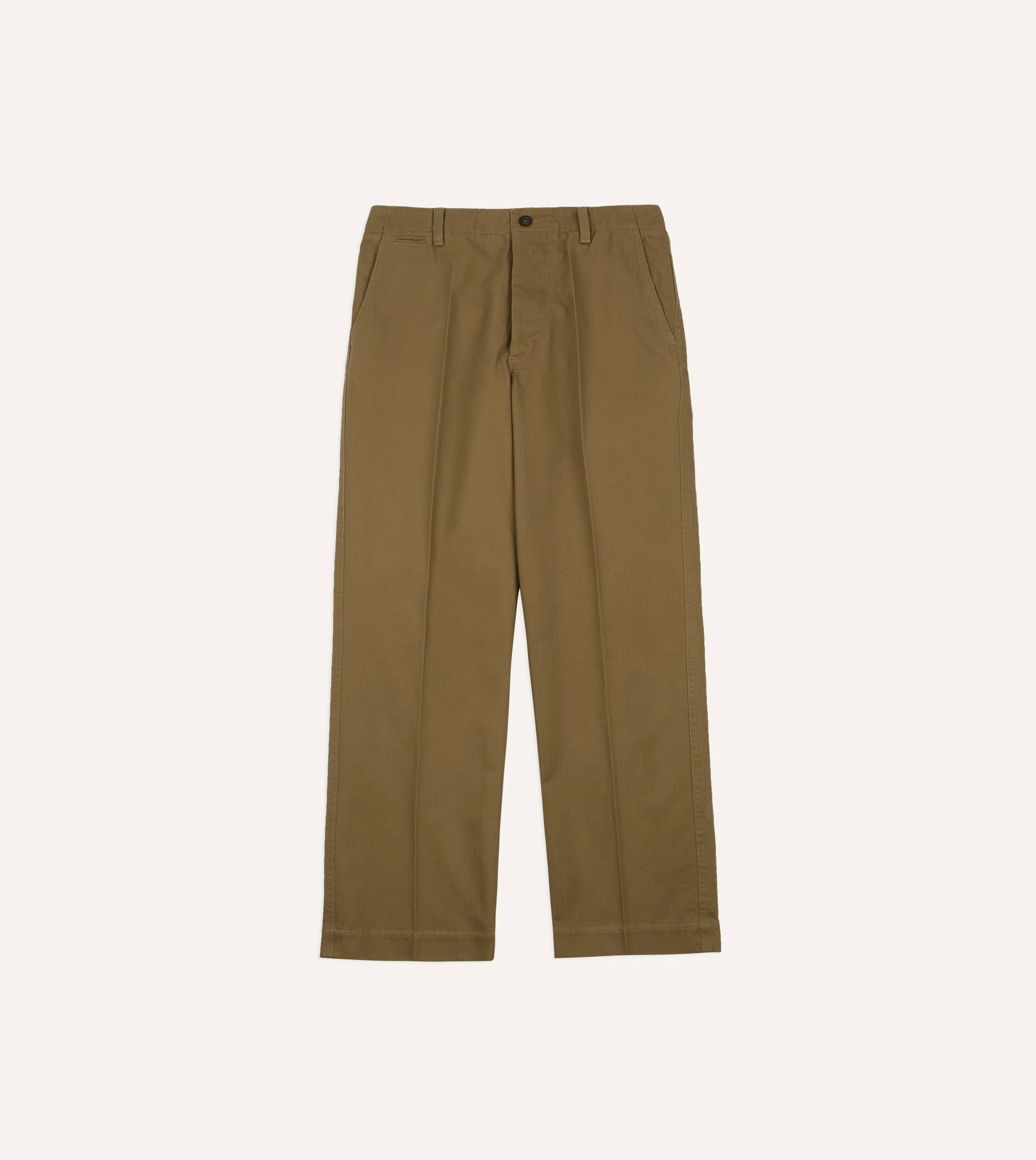 Khaki Herringbone Cotton Wide Leg Flat Front Chino - Image 4