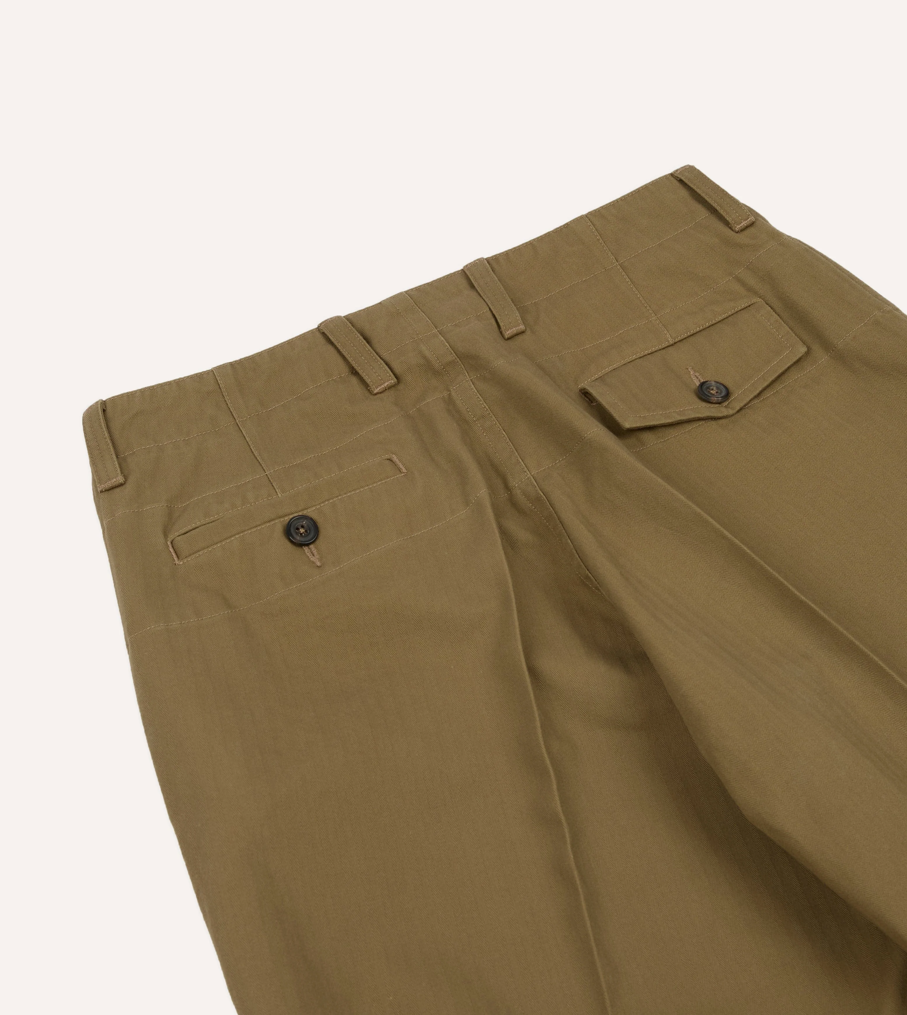 Khaki Herringbone Cotton Wide Leg Flat Front Chino - Image 6