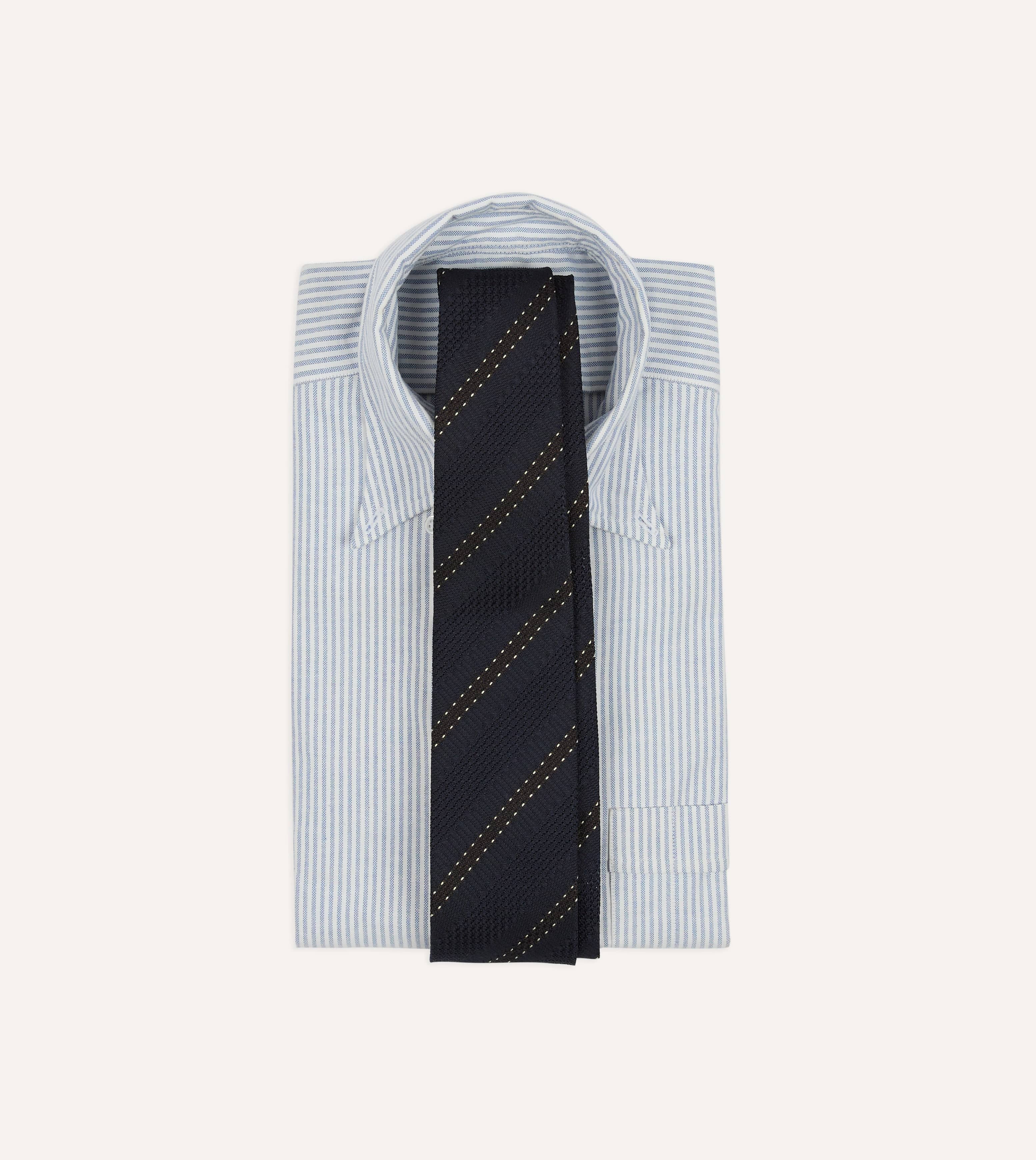 Navy and Brown Stitch Stripe Hand Rolled Silk Grenadine Tie - Image 2