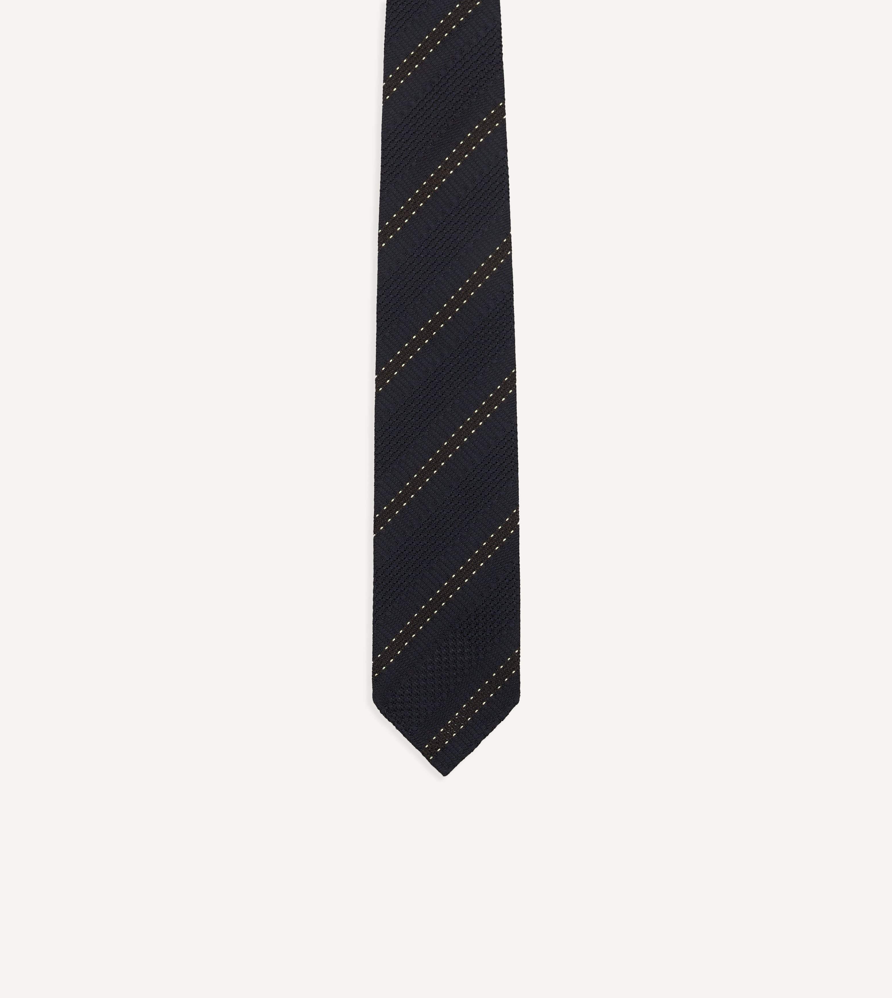 Navy and Brown Stitch Stripe Hand Rolled Silk Grenadine Tie - Image 3