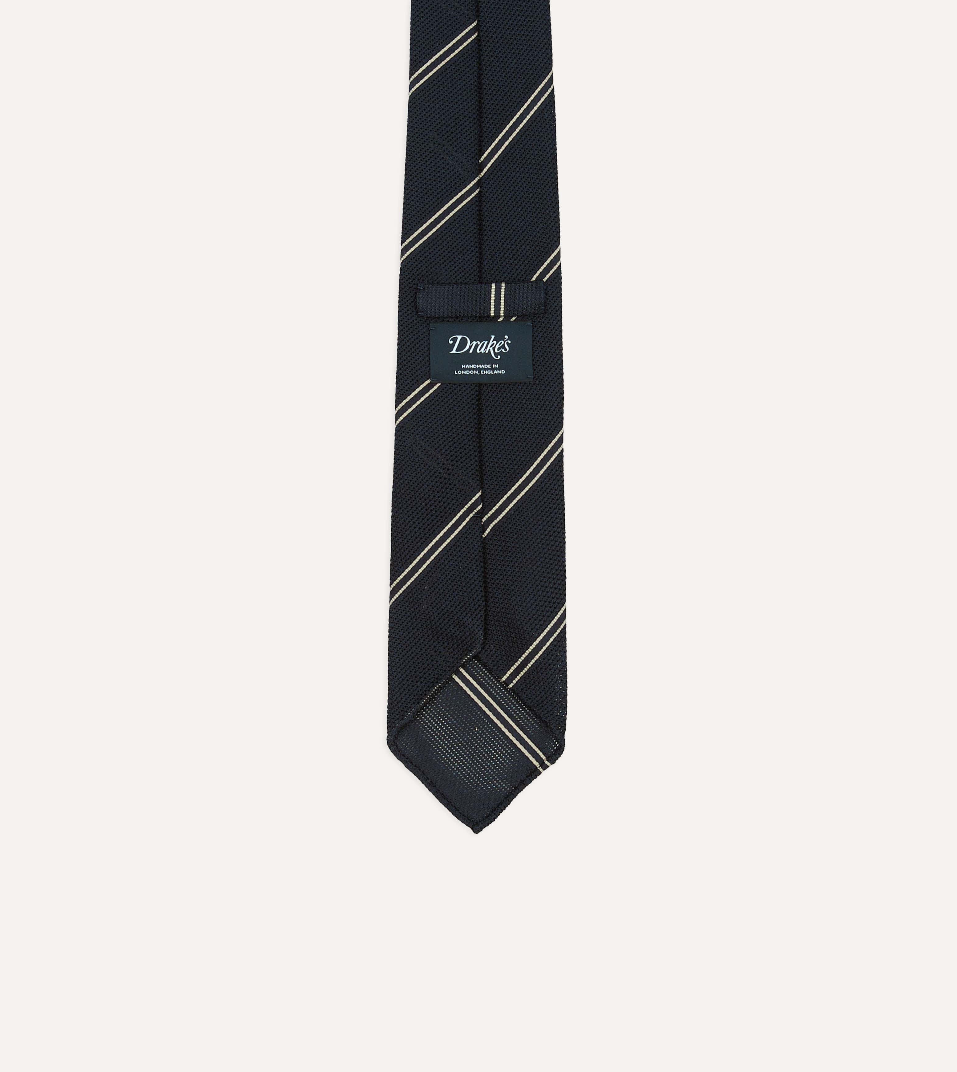 Navy and Ecru Bar Stripe Hand Rolled Silk Grenadine Tie - Image 4