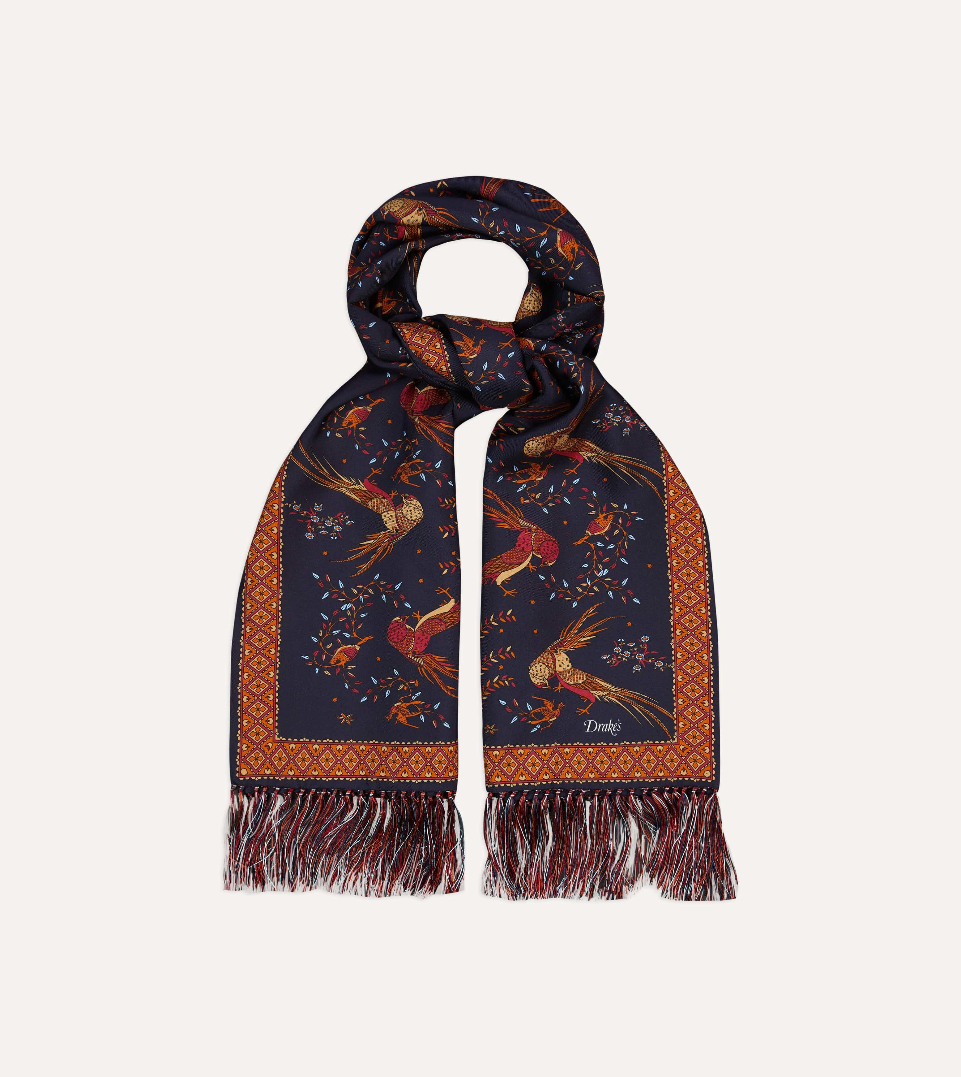 Navy Birds of Paradise Print Tubular Silk Tasselled Scarf - Image 3