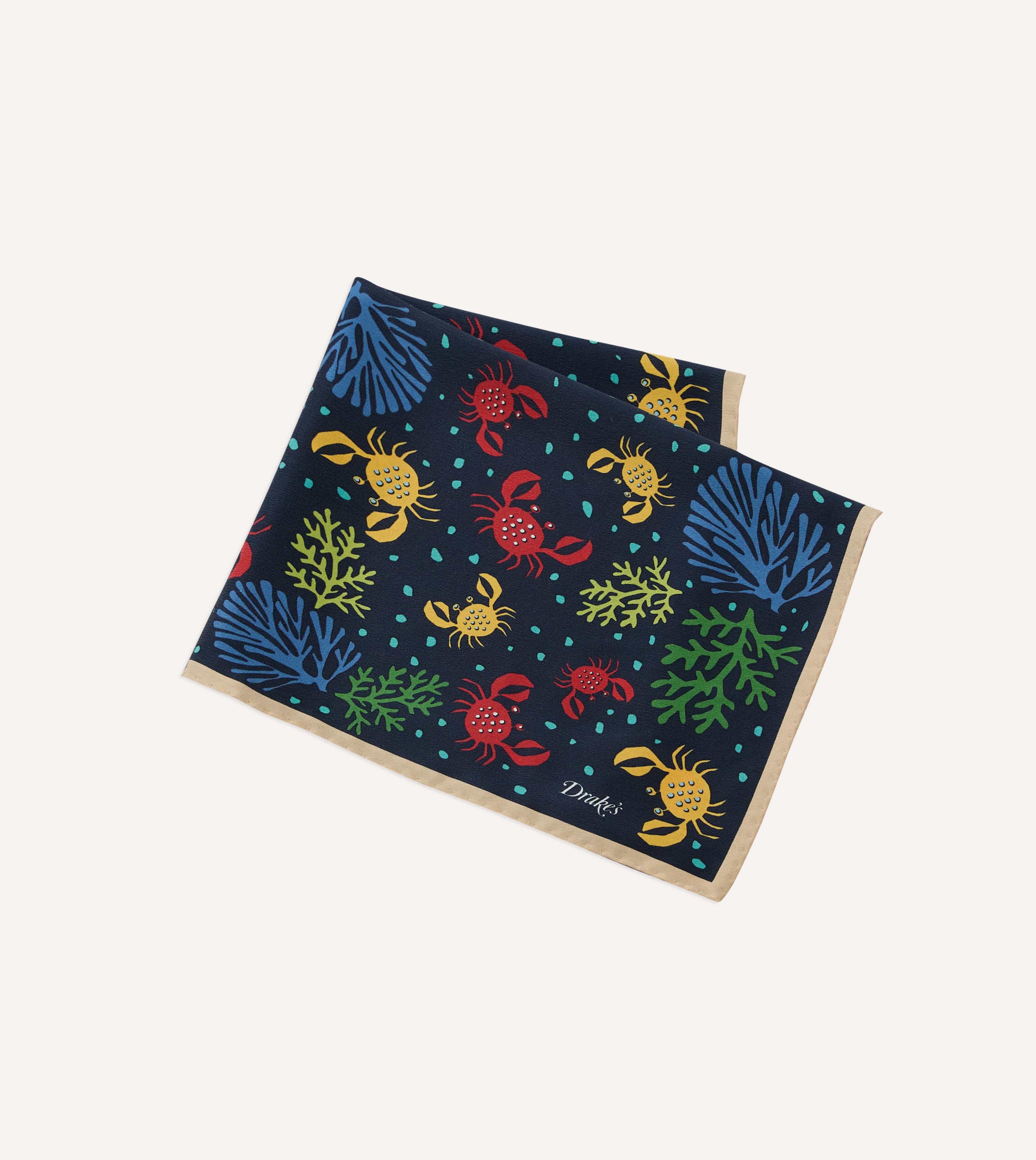 Navy Crab Print Silk Pocket Square - Image 3