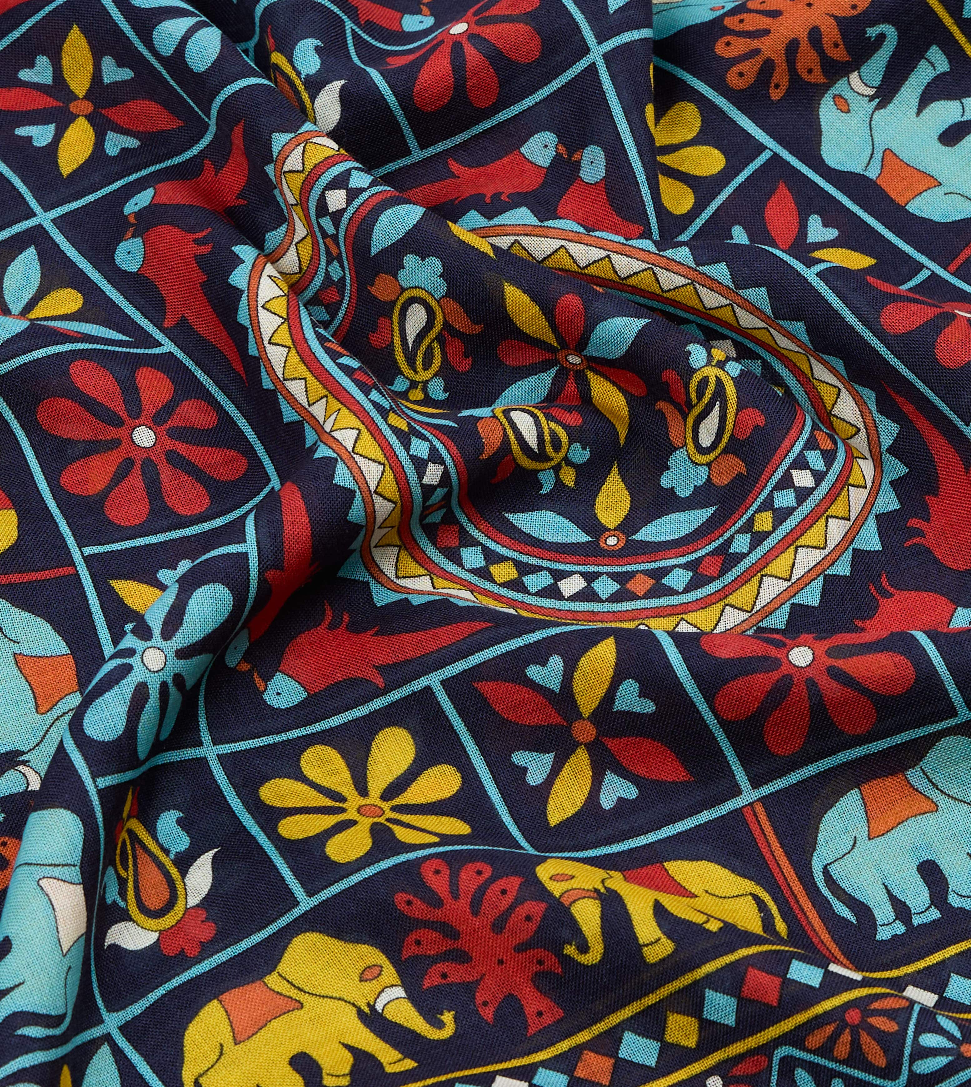 Navy Elephants and Flowers Print Wool-Silk Scarf - Image 2