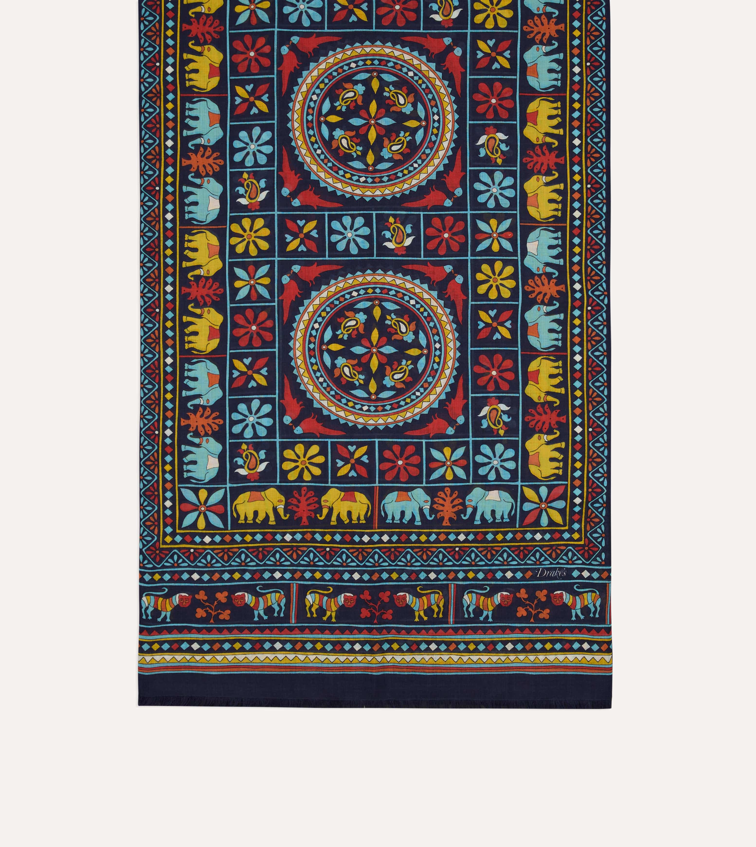 Navy Elephants and Flowers Print Wool-Silk Scarf - Image 4