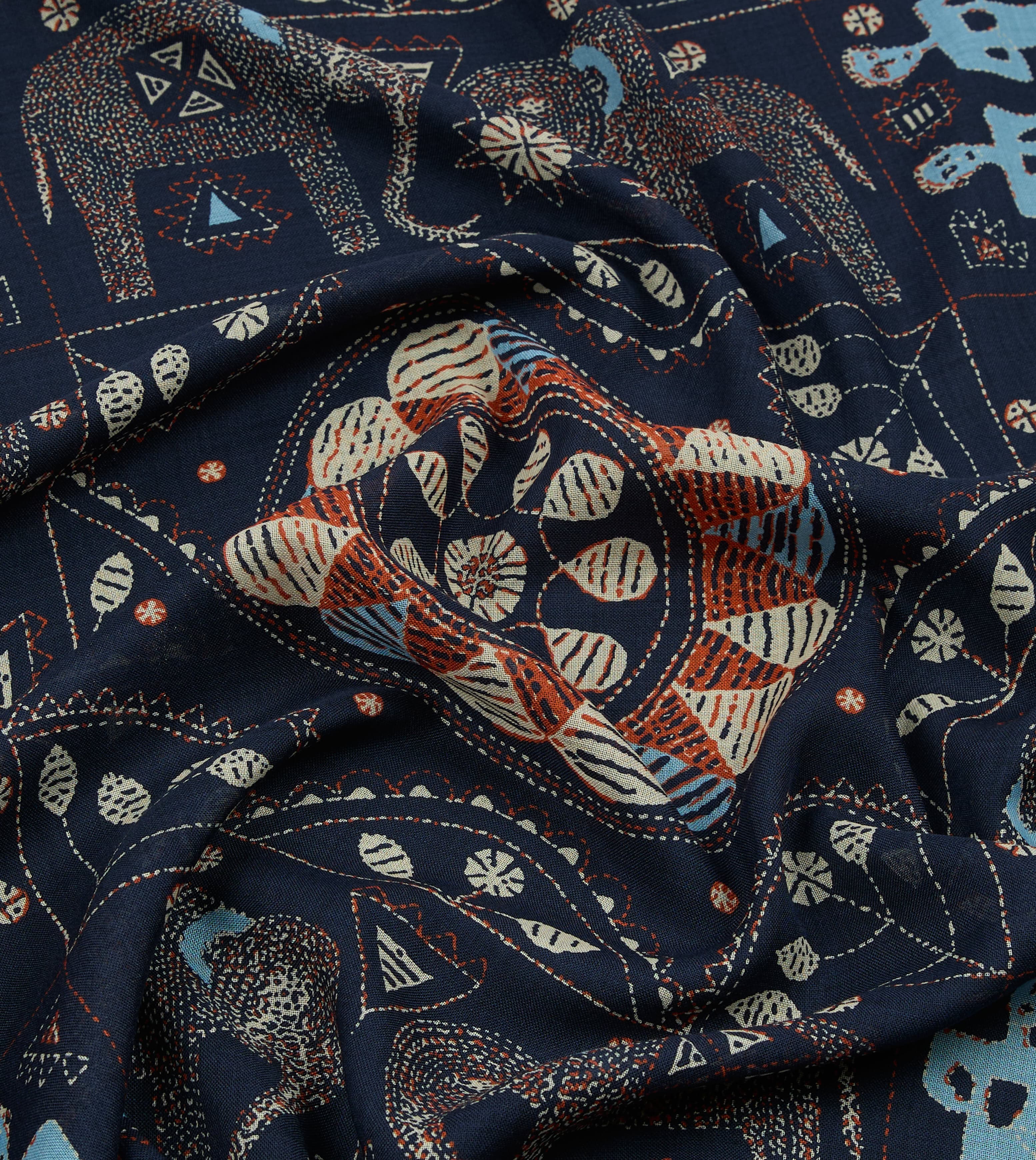 Navy Embroidered Elephant Print Wool Silk Scarf - Image 3