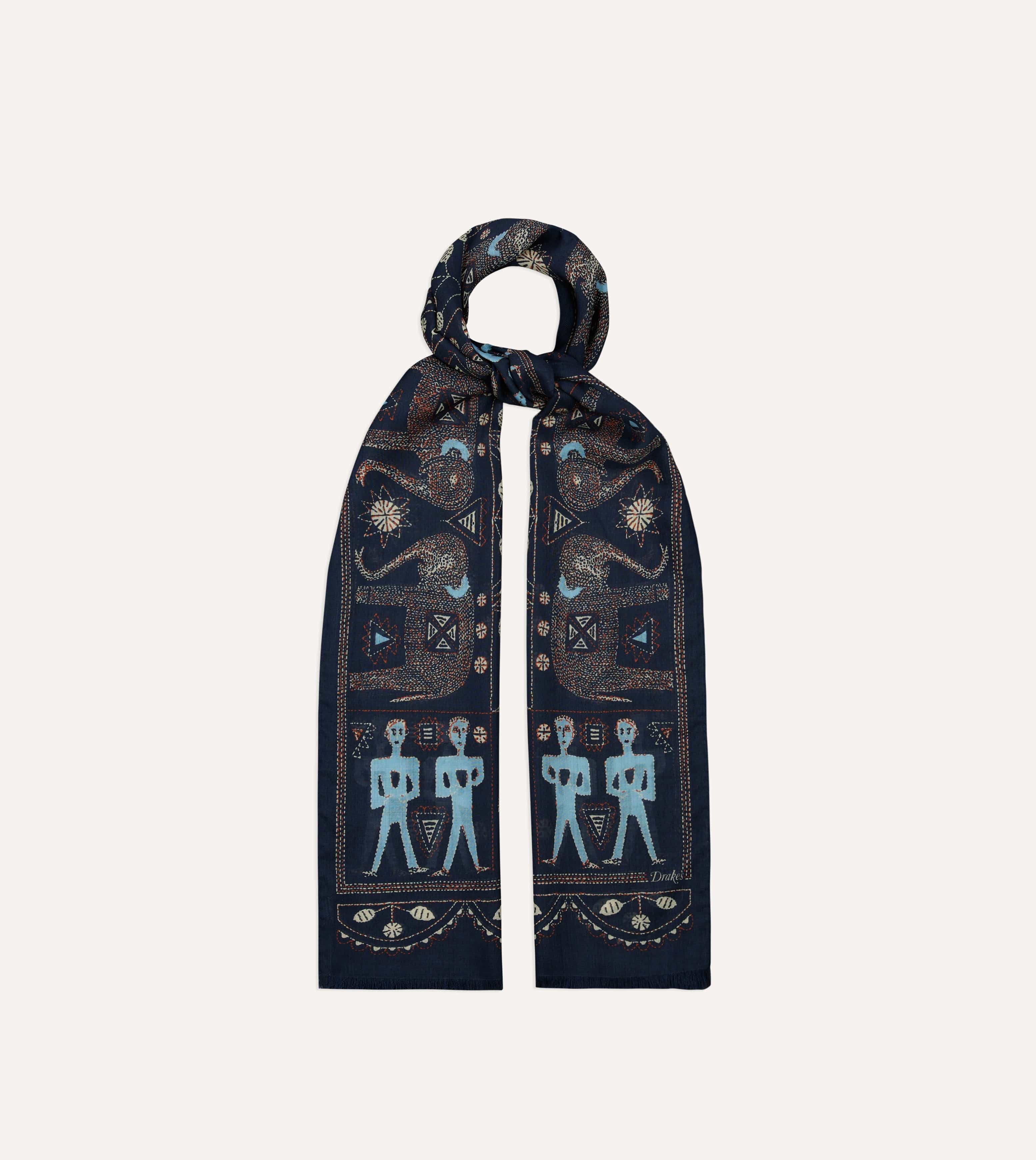 Navy Embroidered Elephant Print Wool Silk Scarf - Image 5