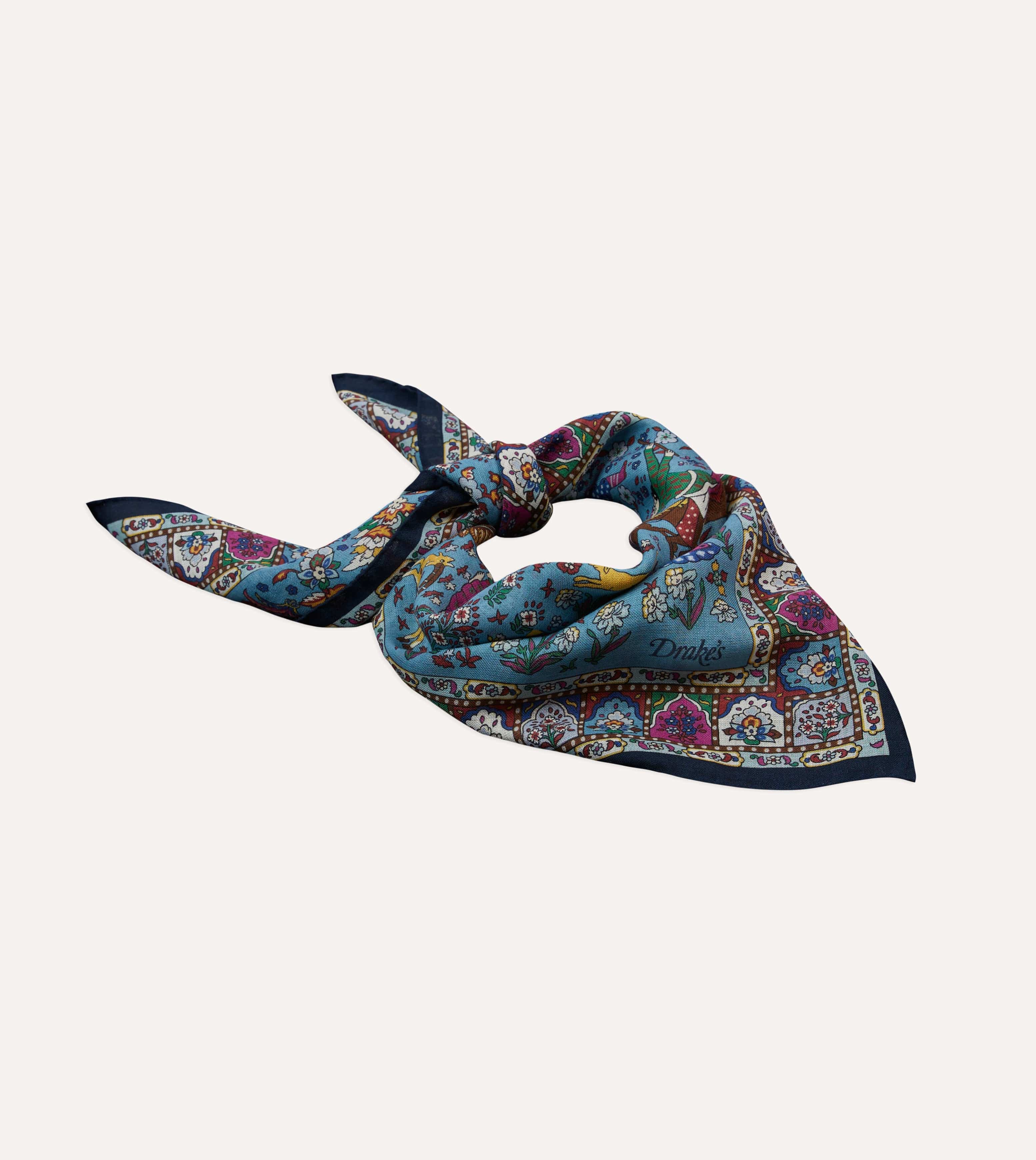 Navy Floral Mughal Print Wool-Silk Bandana - Image 4