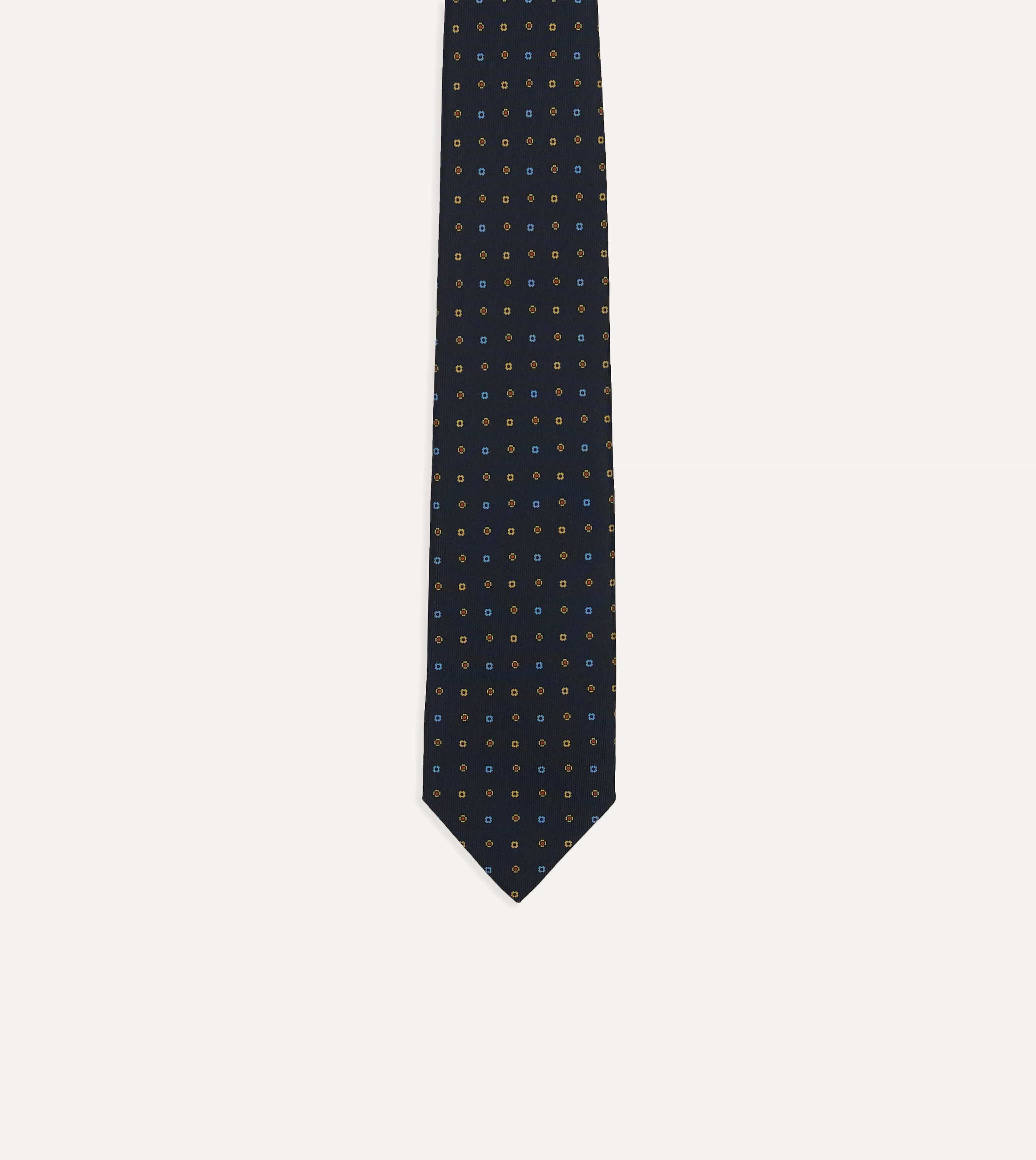 Navy Geometric Flower Print Silk Self-Tipped Tie - Image 3