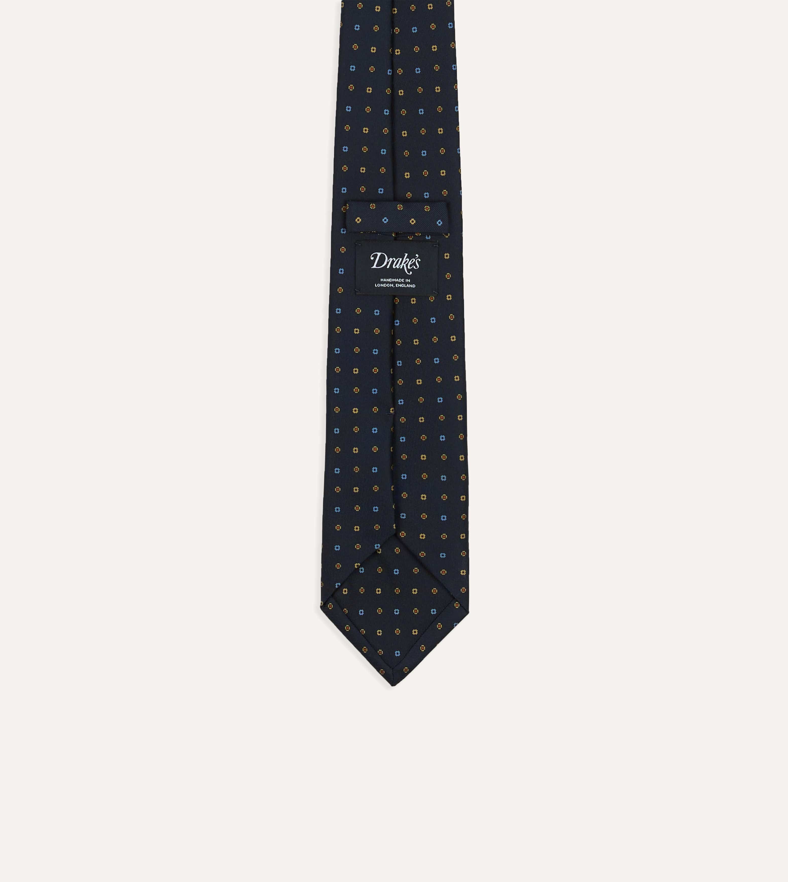 Navy Geometric Flower Print Silk Self-Tipped Tie - Image 4