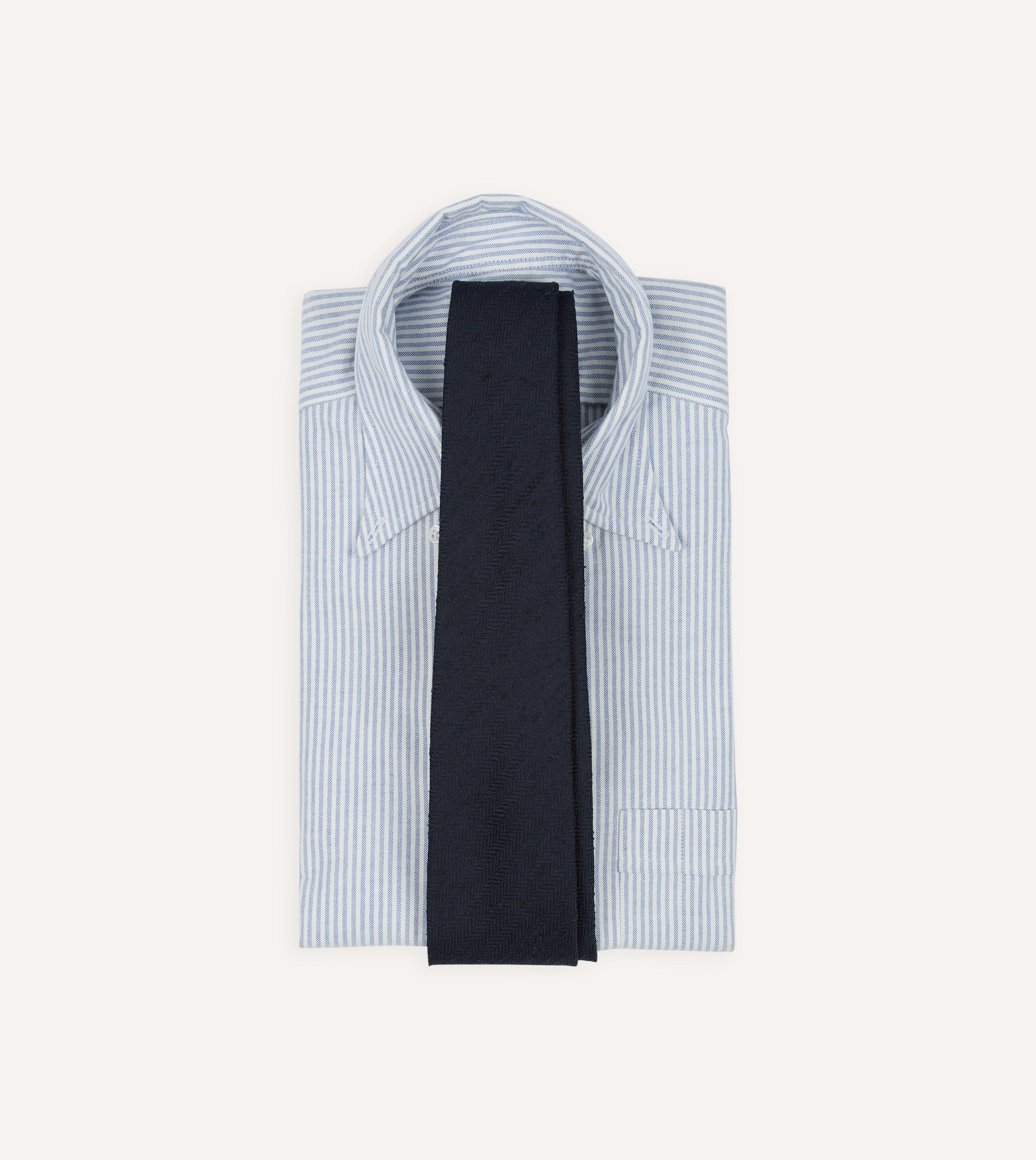 Navy Herringbone Shantung Silk Hand-Rolled Tie - Image 2