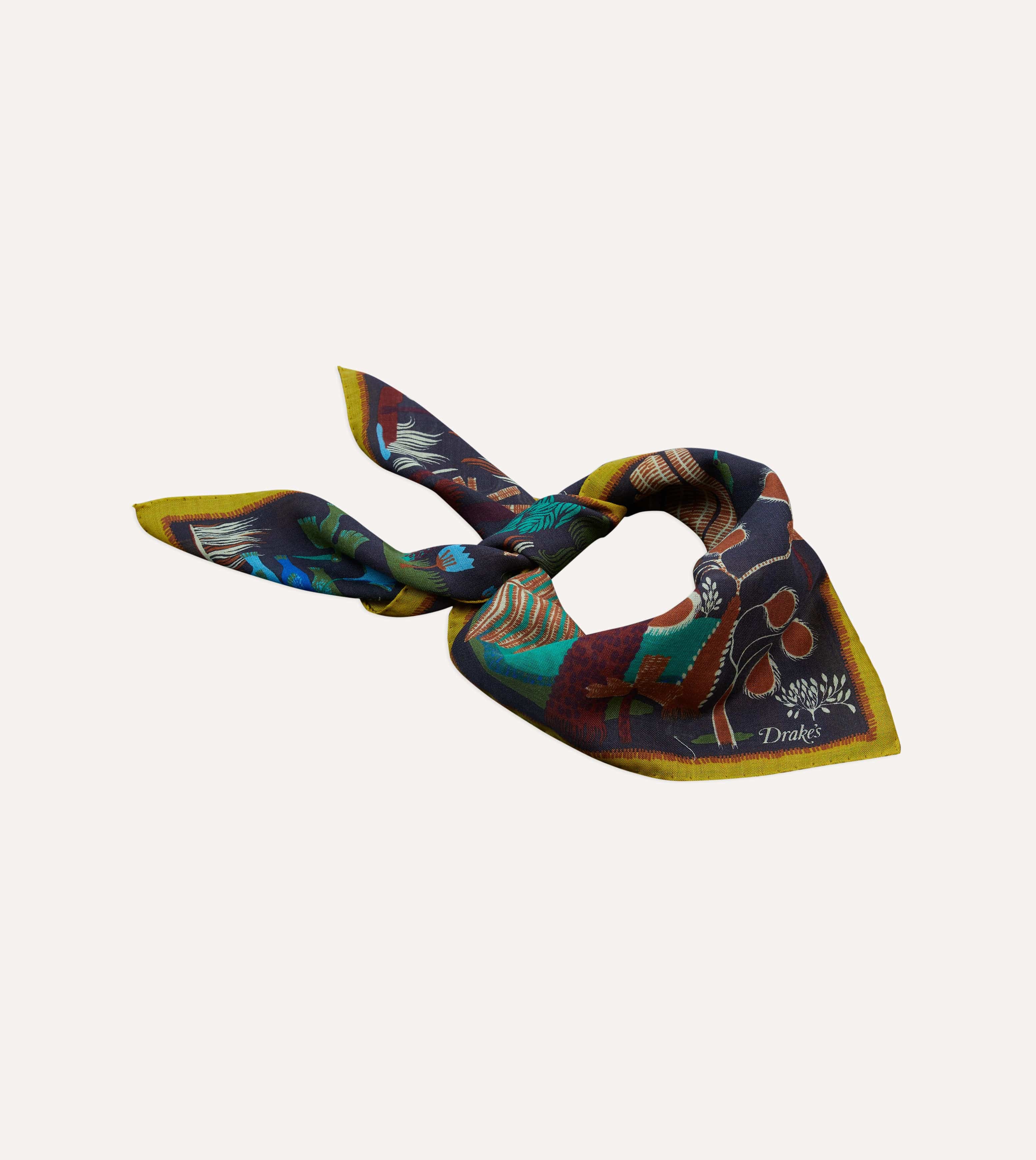 Navy Palm Print Wool-Silk Bandana - Image 4
