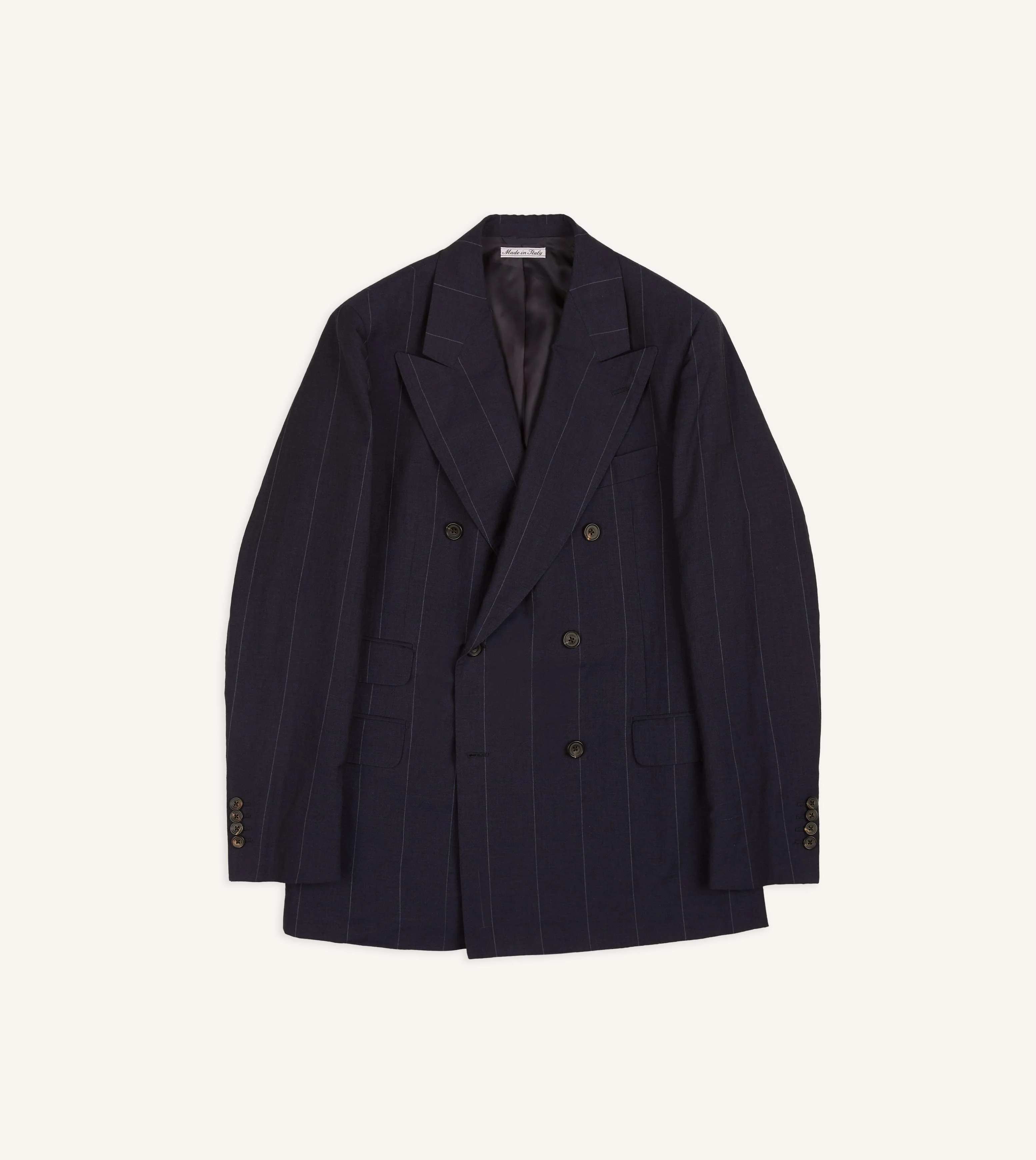 Navy Pinstripe Wool-Linen Double-Breasted Tailored Jacket - Image 2