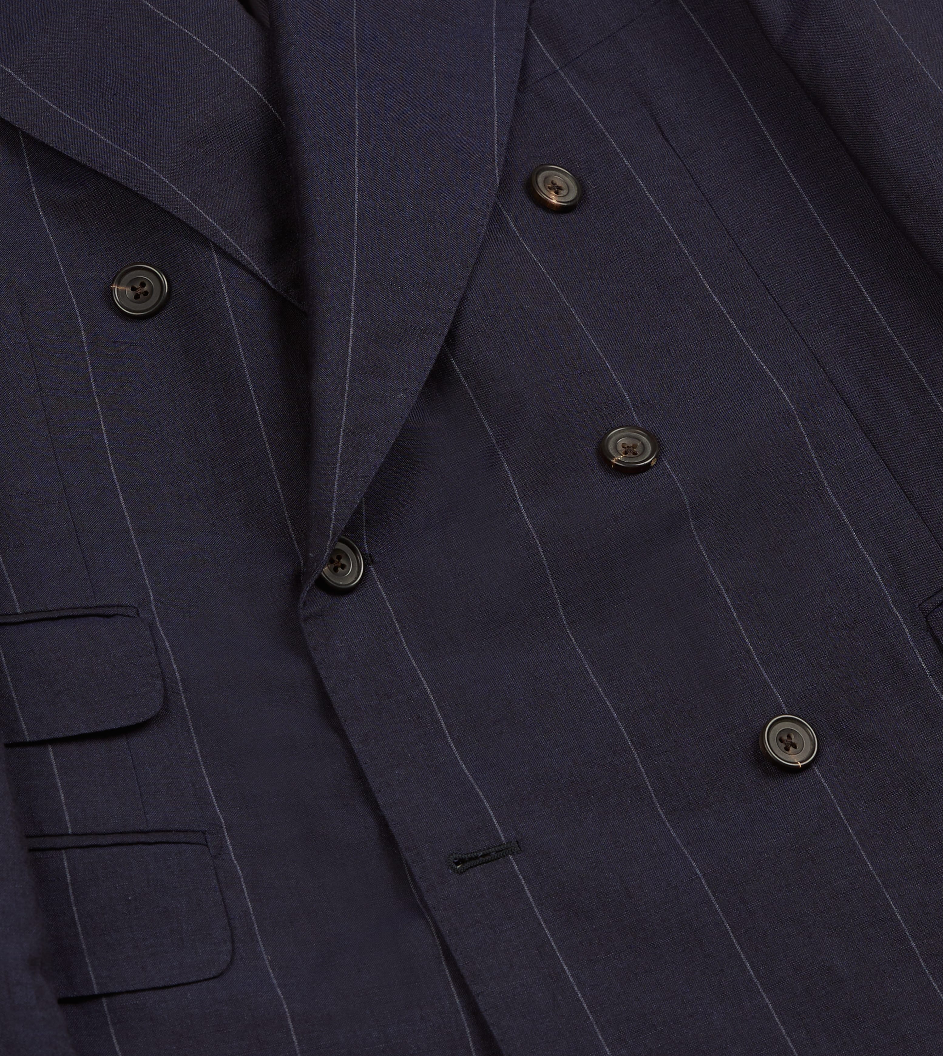 Navy Pinstripe Wool-Linen Double-Breasted Tailored Jacket - Image 6
