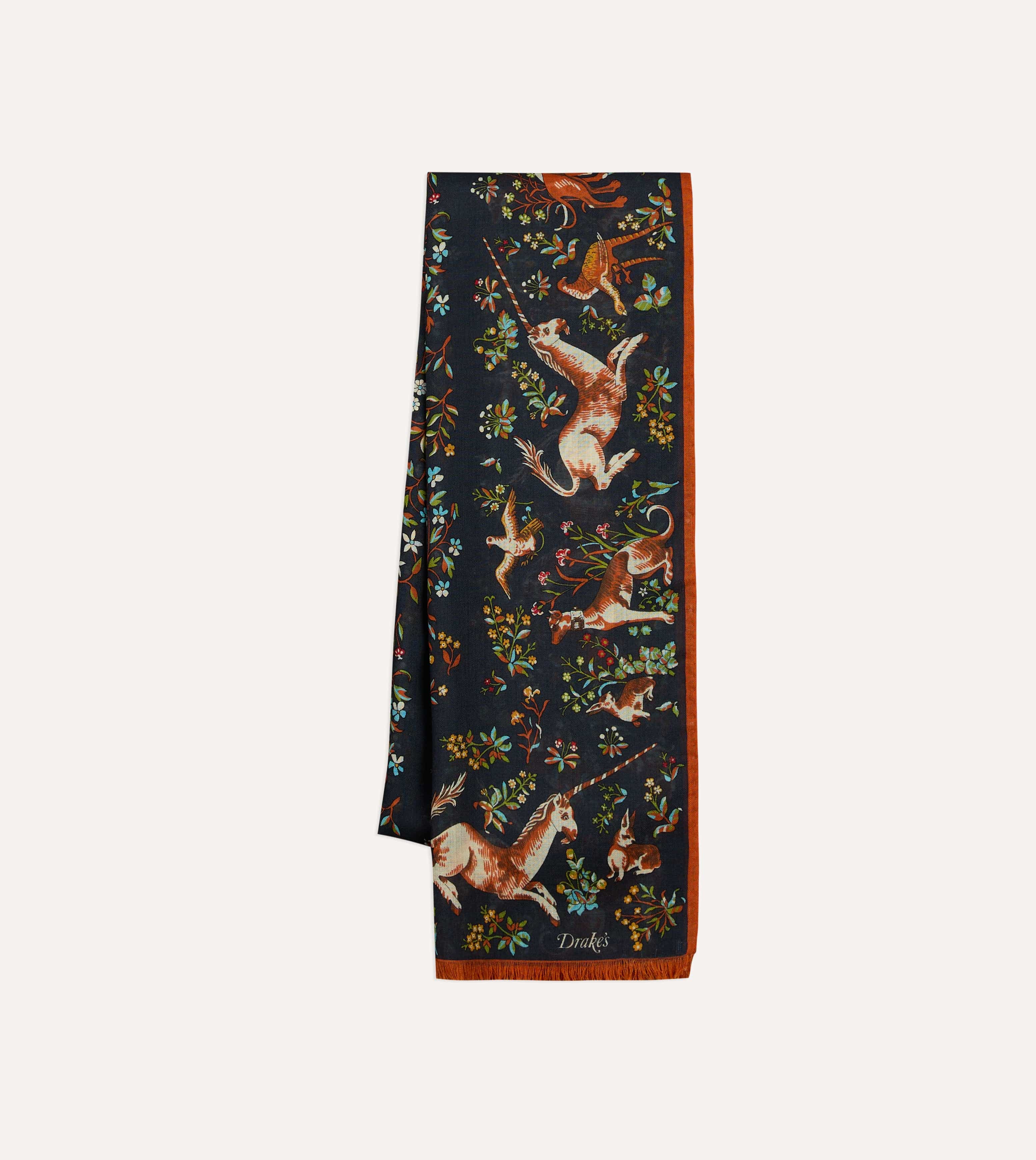 Navy Unicorn Garden Print Tubular Wool-Silk Scarf - Image 4