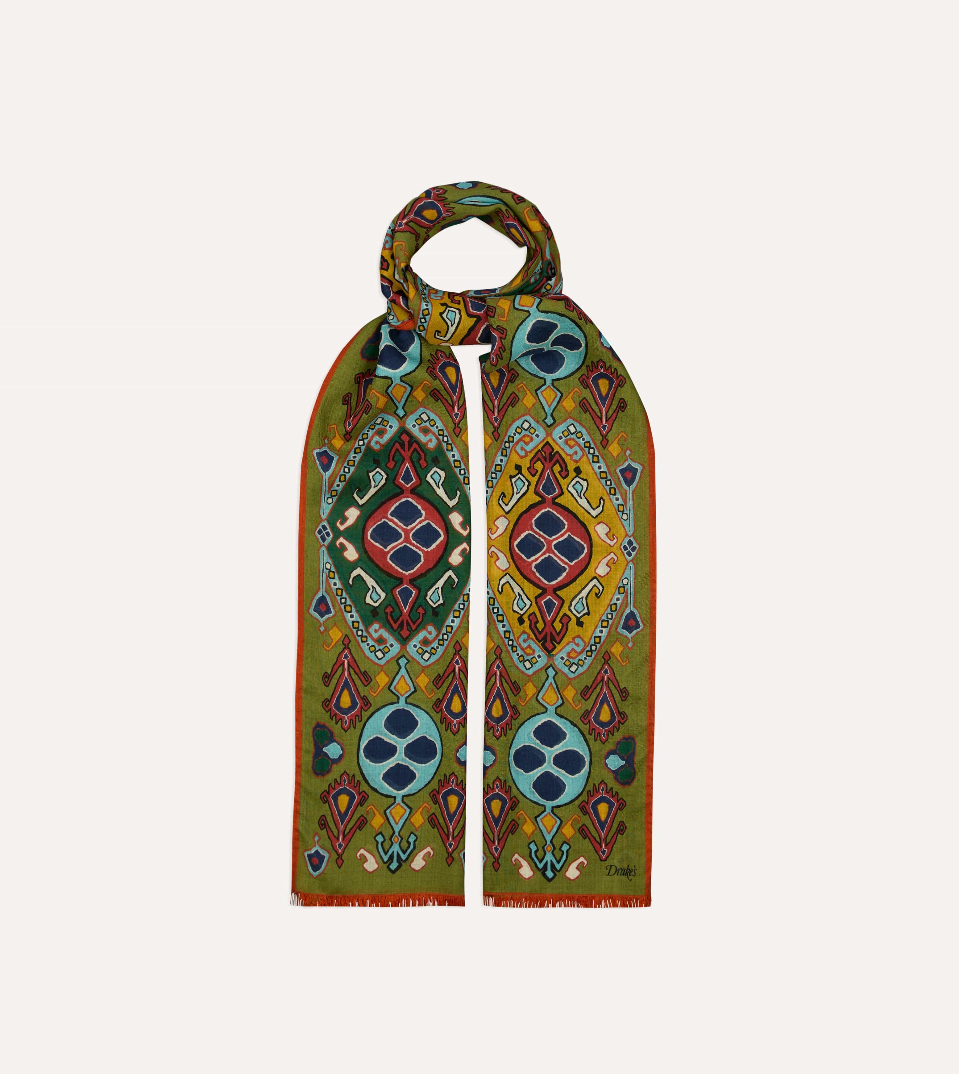 Olive Tapestry Print Wool Silk Scarf - Image 5