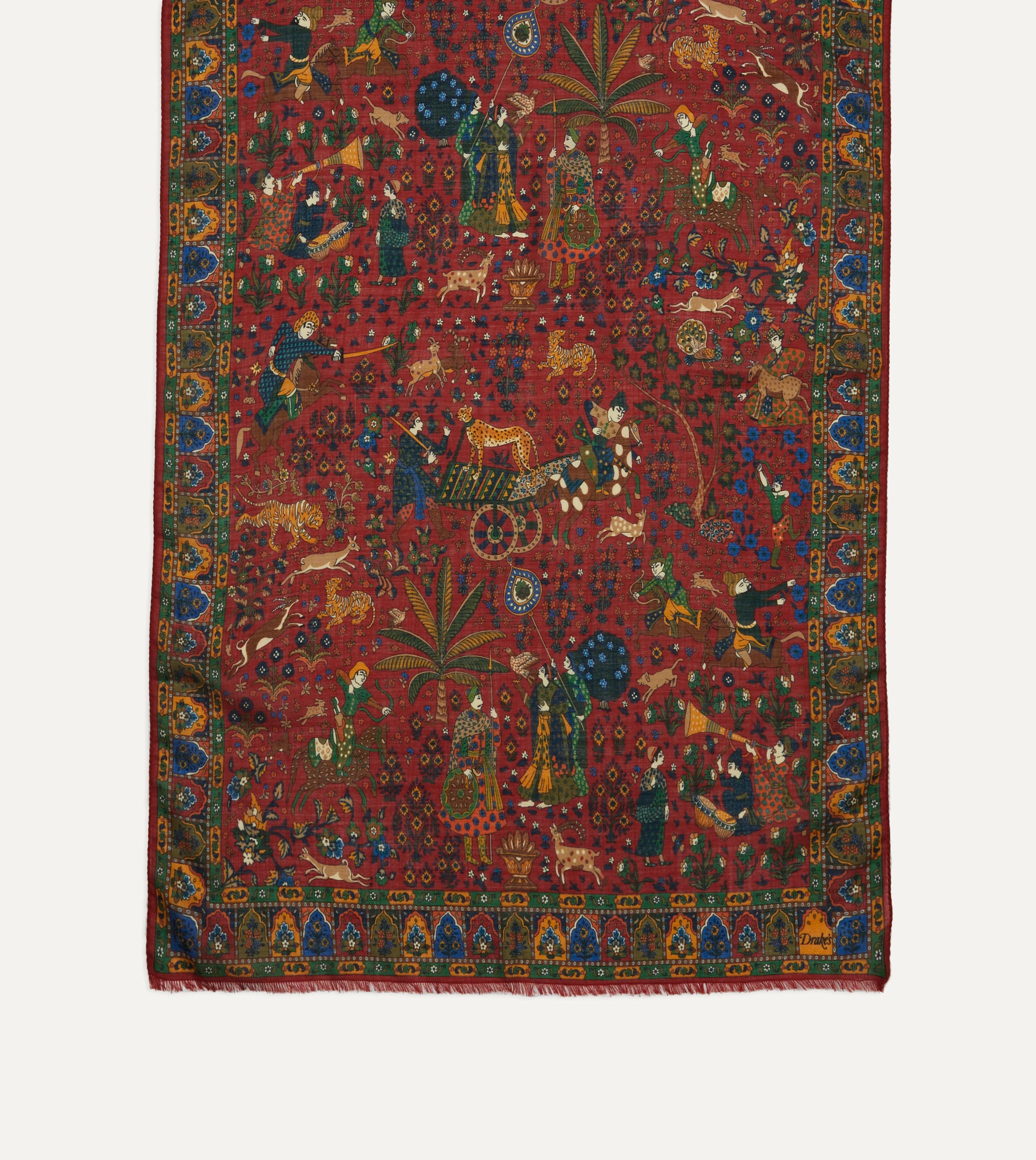 Red Mughal Hunter Print Wool-Silk Scarf - Image 4