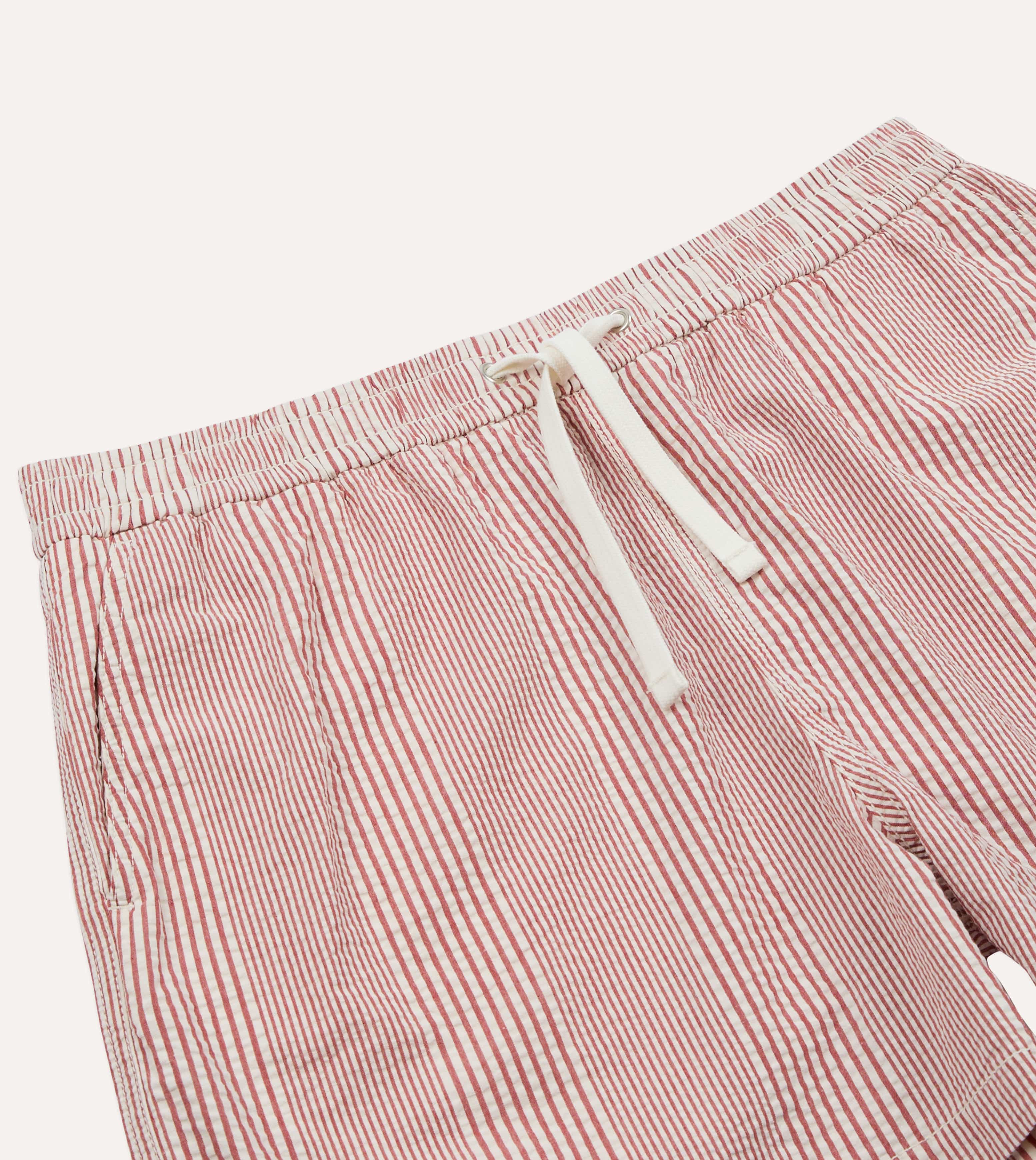 Red Stripe Seersucker Cotton Drawstring Shorts - Image 4