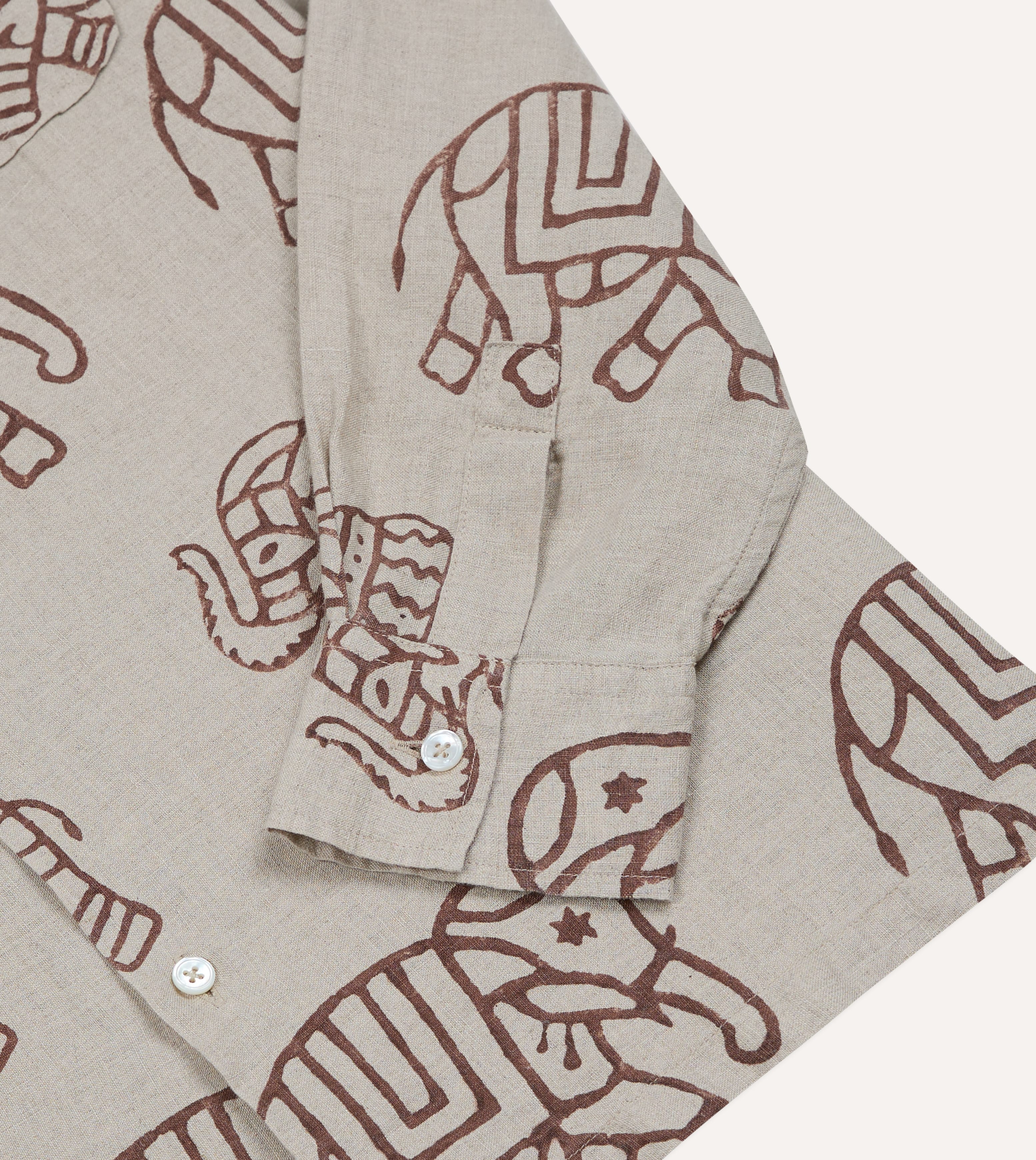 White Elephant Block Print Linen Camp Collar Long Sleeve Shirt - Image 5
