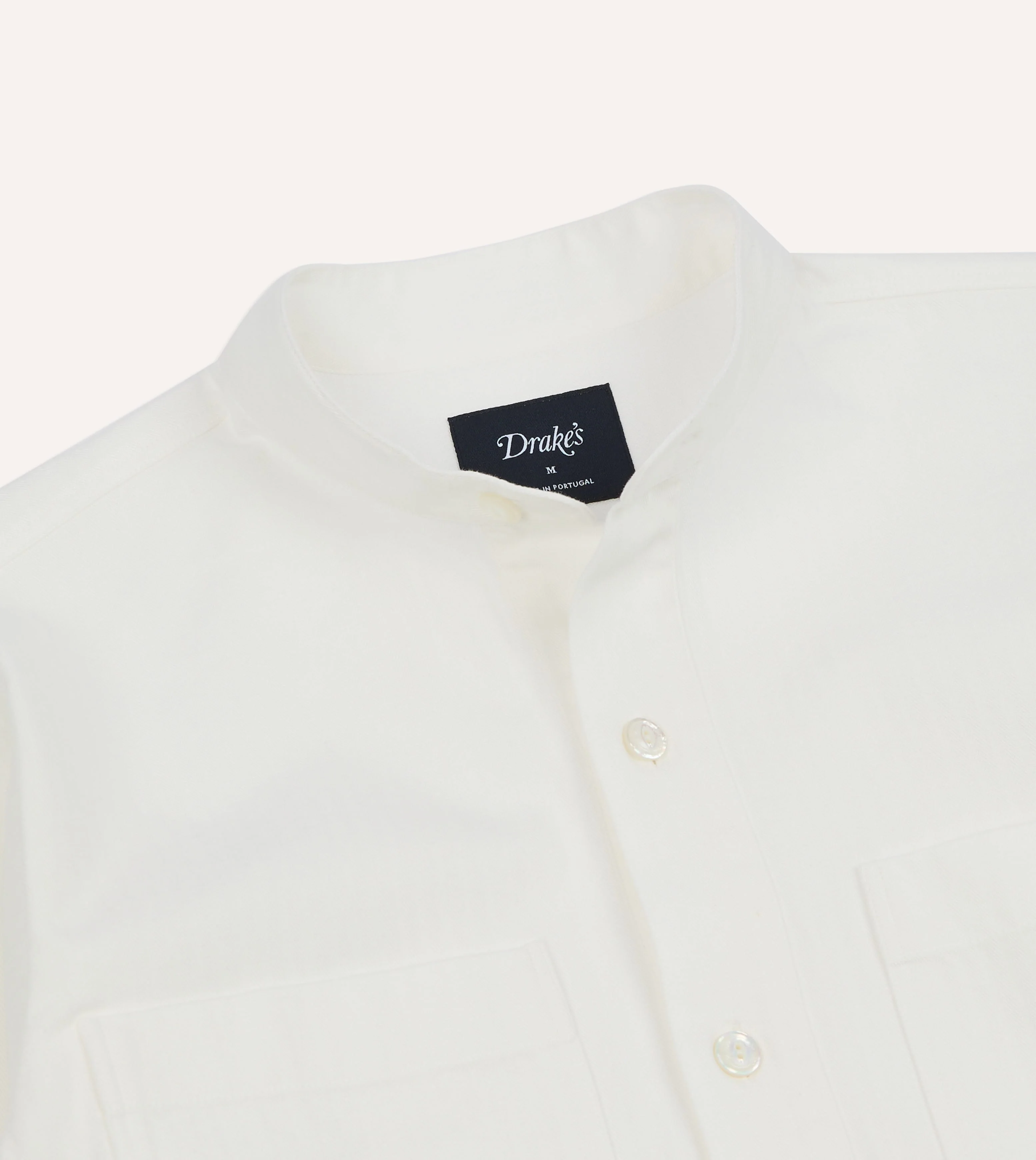 White Herringbone Cotton Mandarin Collar Popover Shirt - Image 3