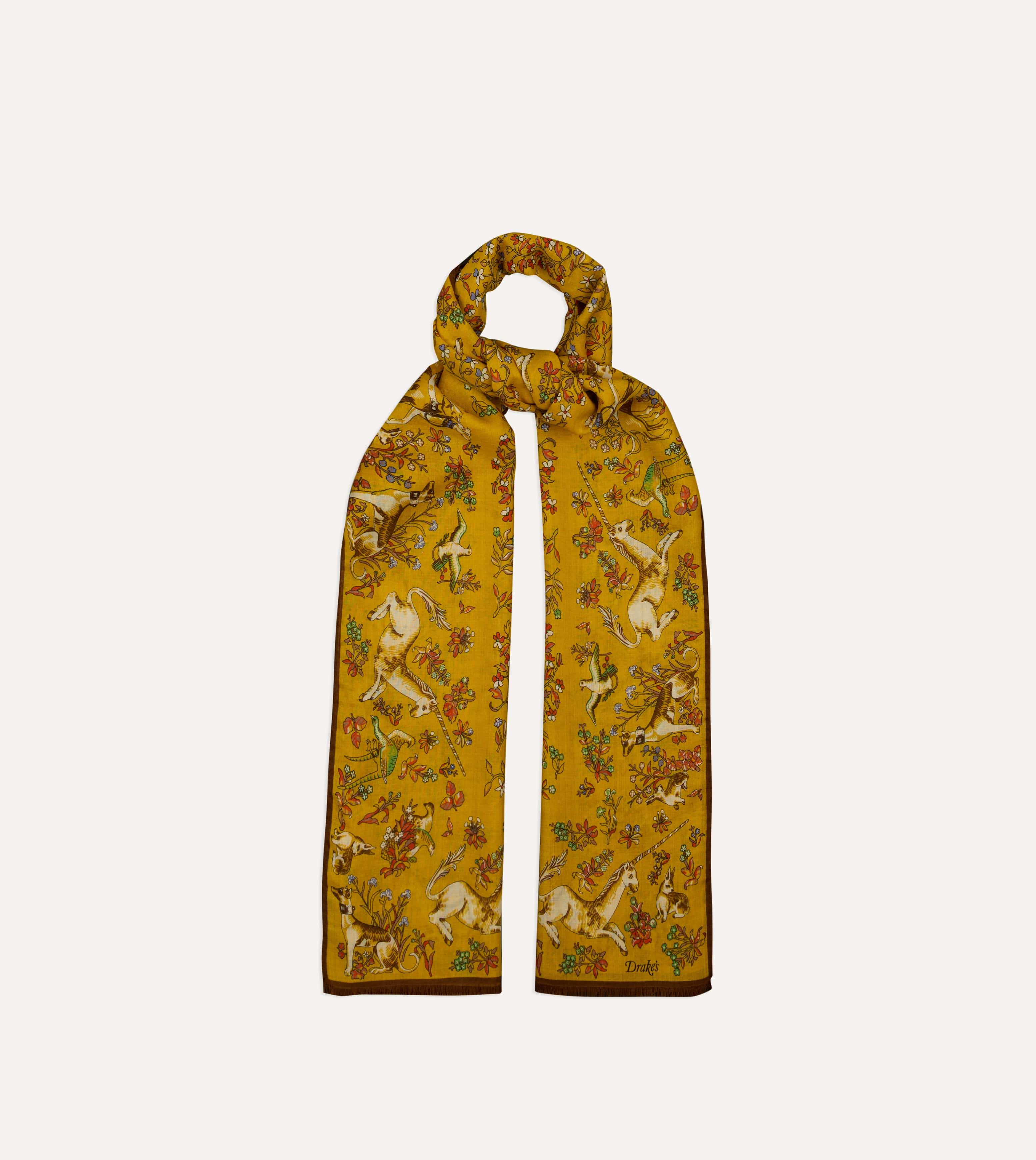 Yellow Unicorn Garden Print Tubular Wool-Silk Scarf - Image 3